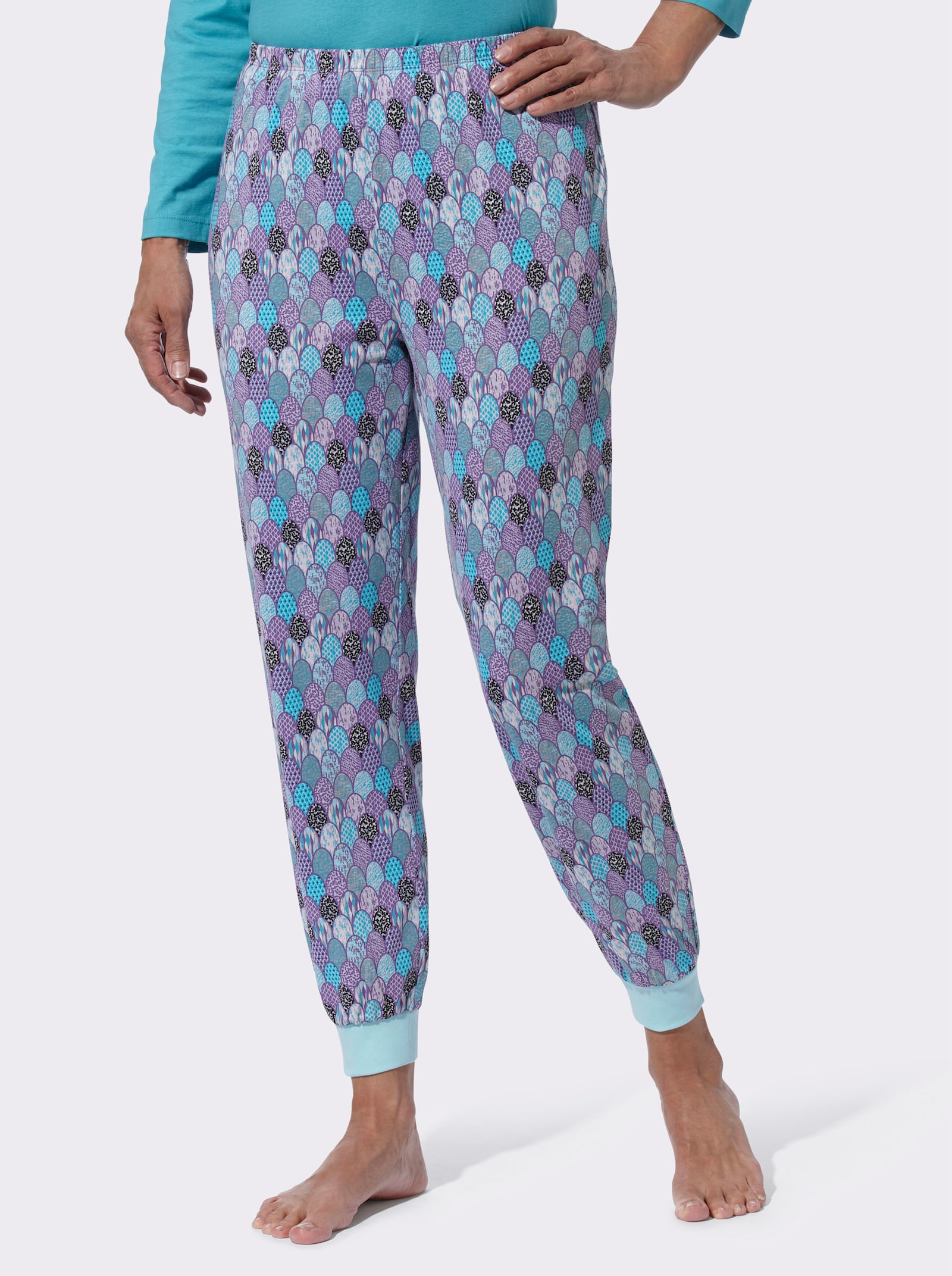 Schlafanzughose mit einfarbigen Bündchen - aquamarin-bedruckt