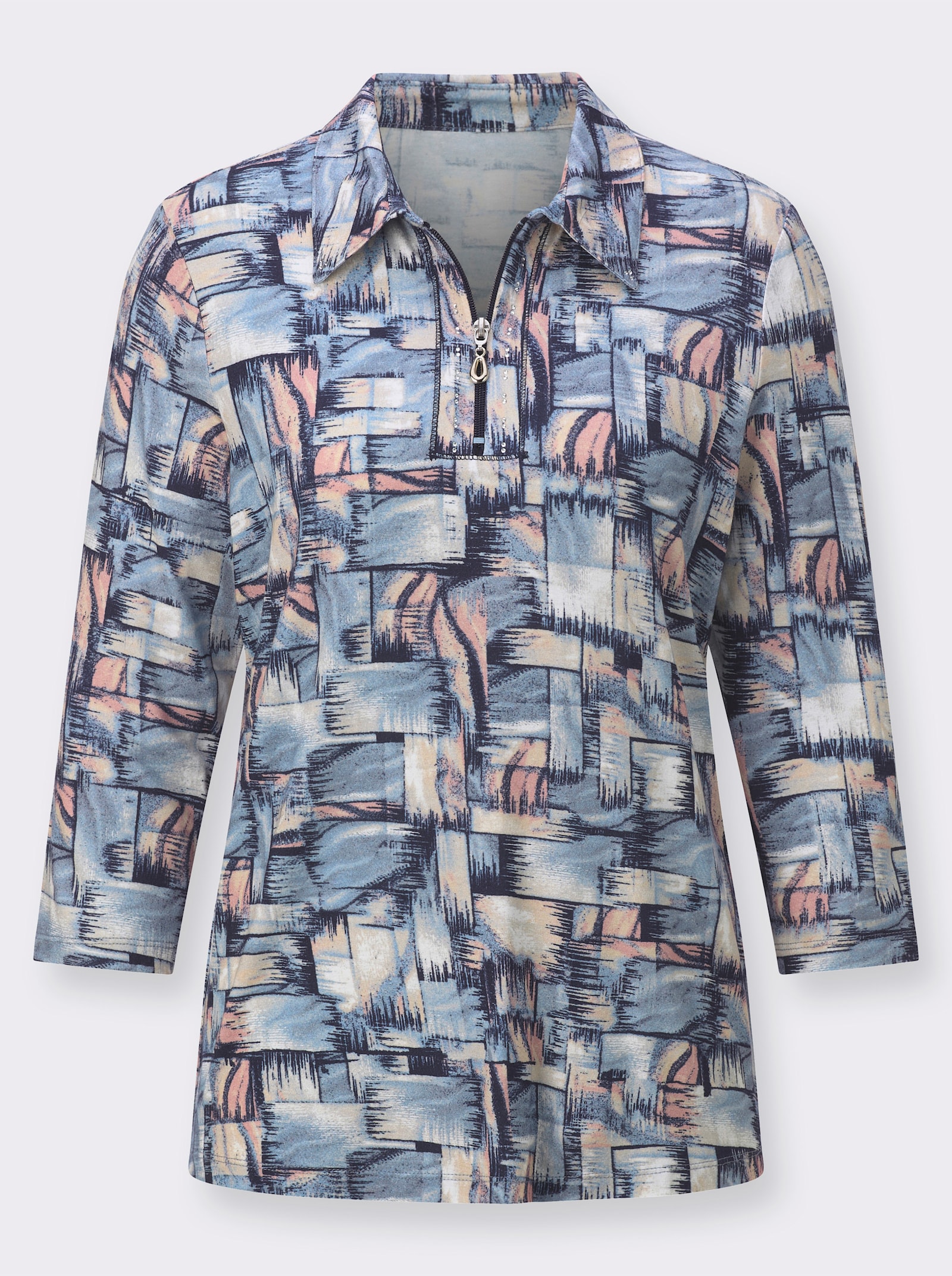 Poloshirt met glittersteentjes op de kraag - hortensia/duivenblauw bedrukt