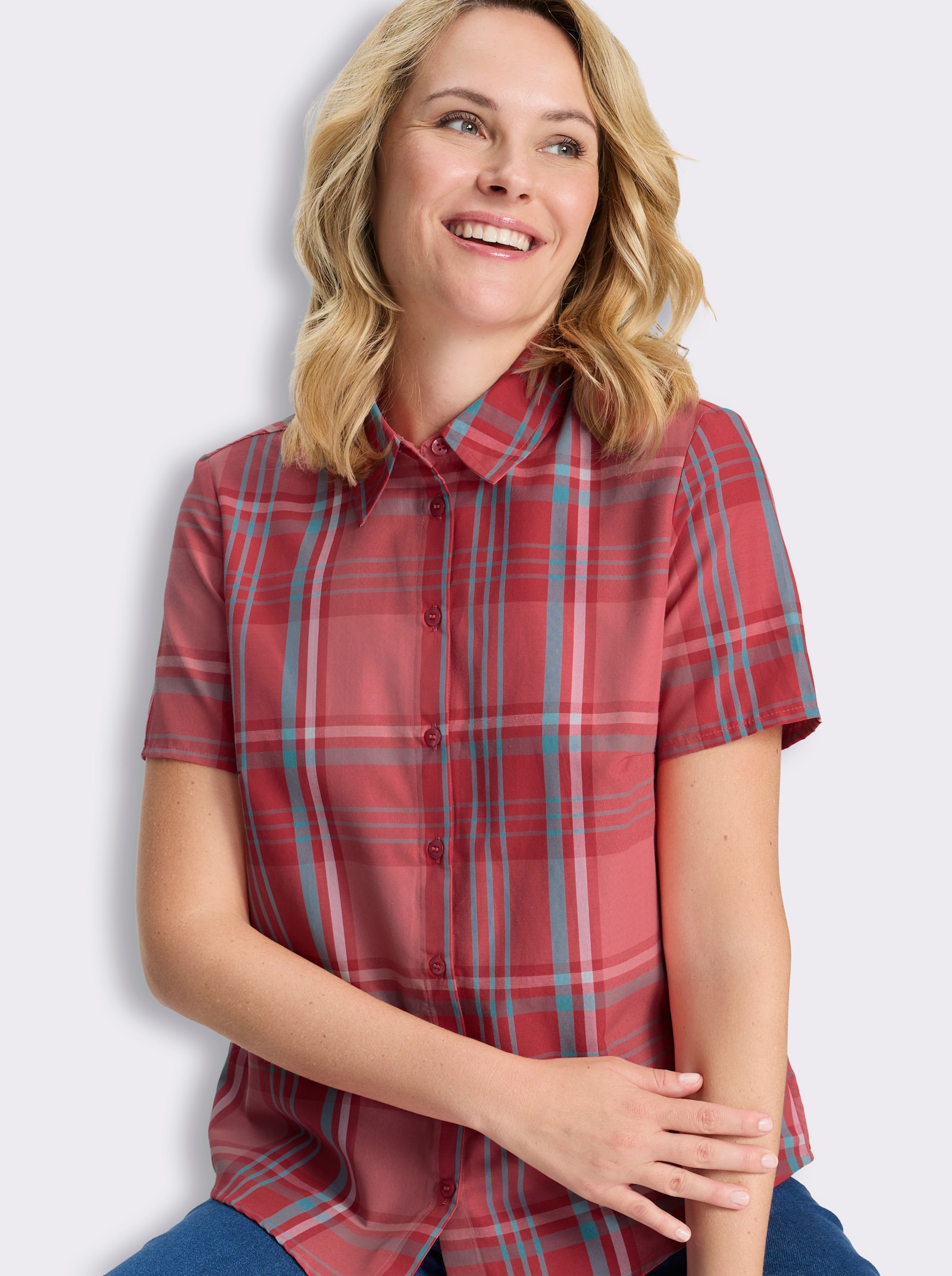 Kurzarm-Bluse - flamingo-ecru-kariert