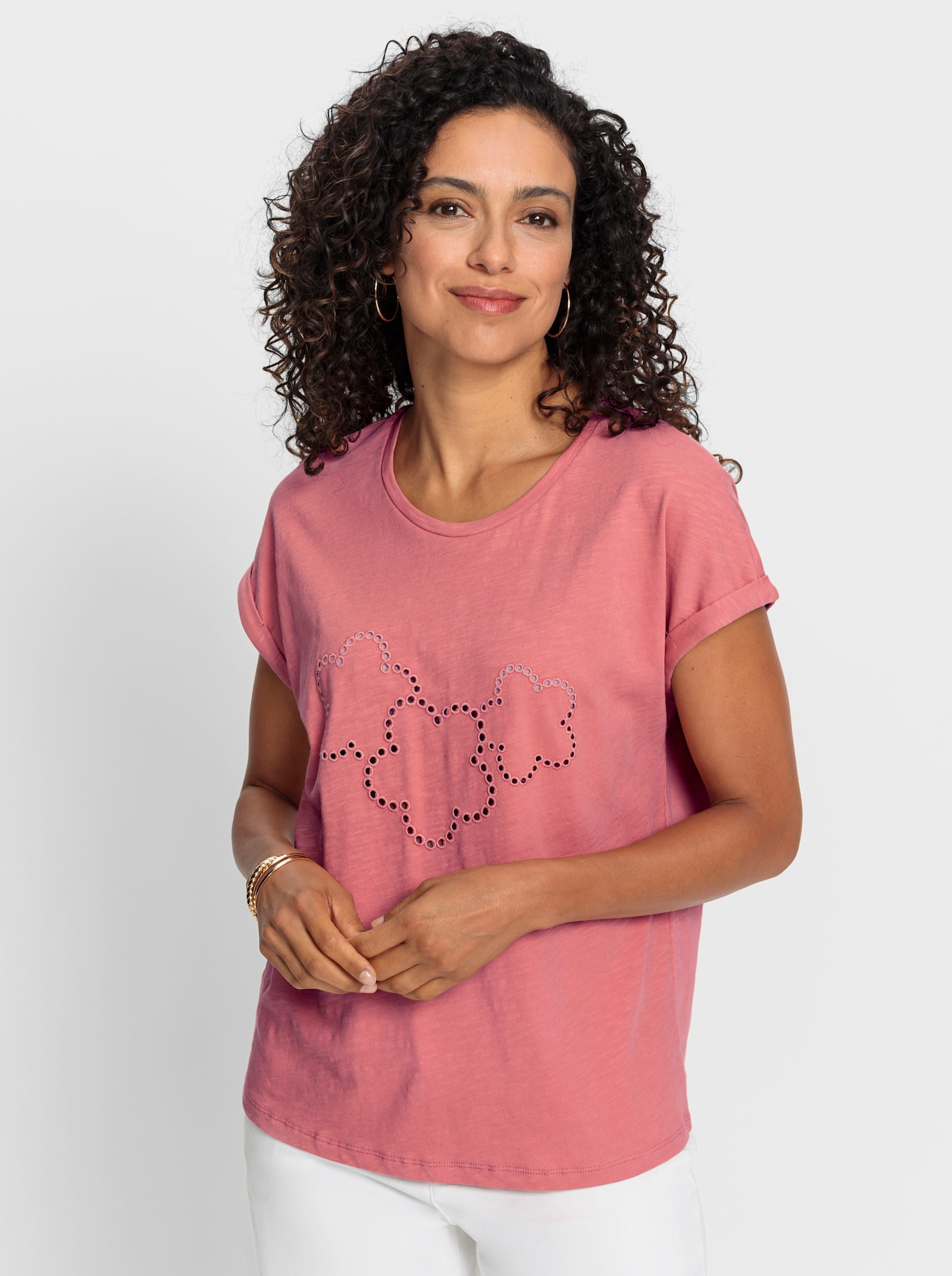 Rundhalsshirt mit Lochstickerei - flamingo