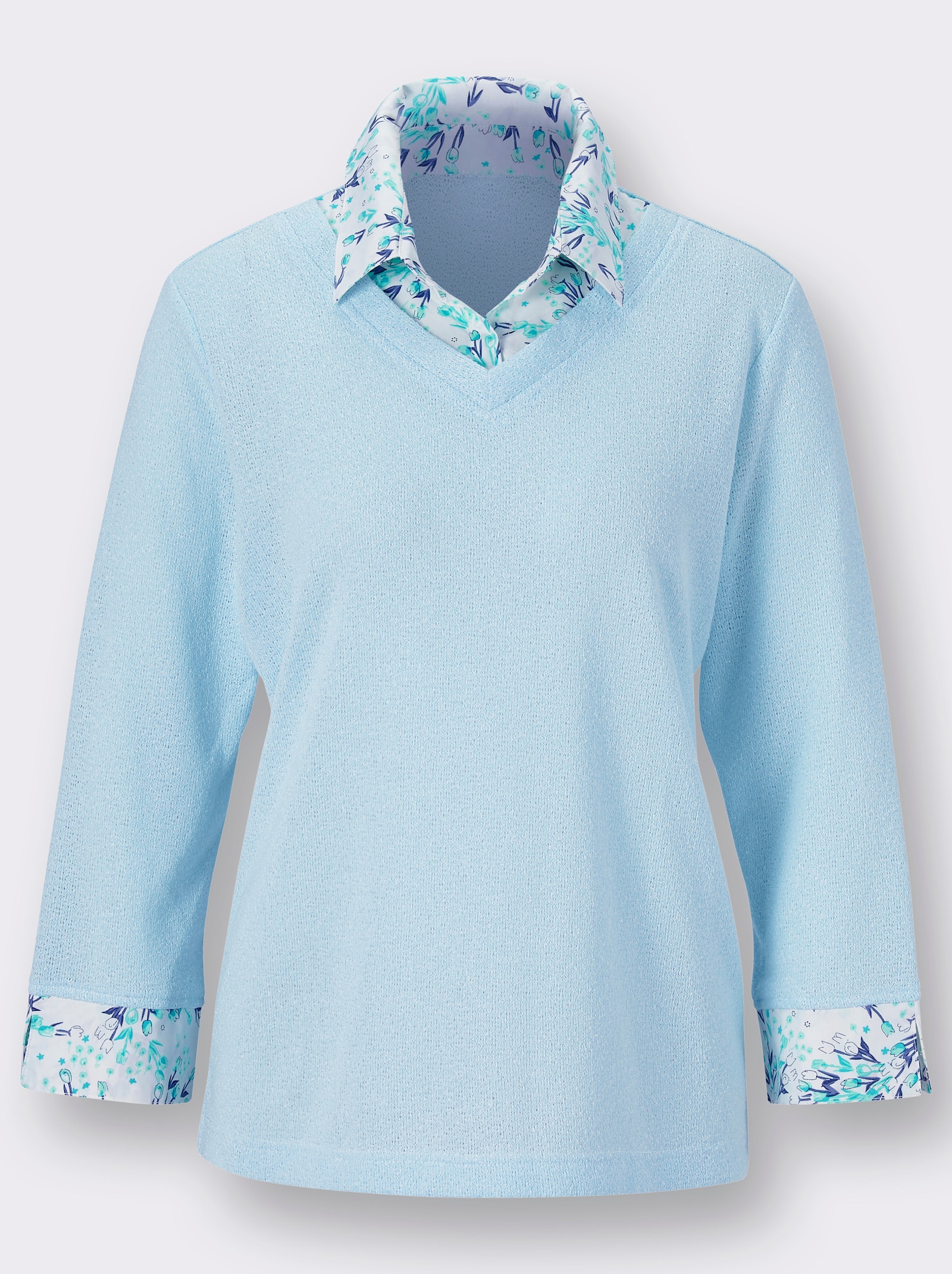 2-in-1-Shirt aus Bouclé, mit Blusenstoff - hellblau-meliert