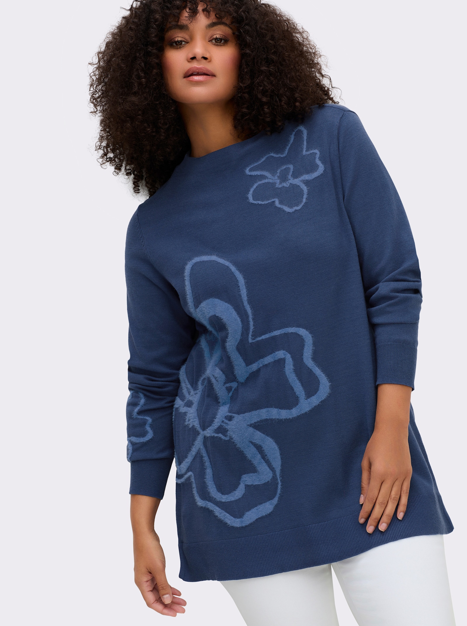 sheego Pullover met intarsiapatroon - jeansblauw gedessineerd