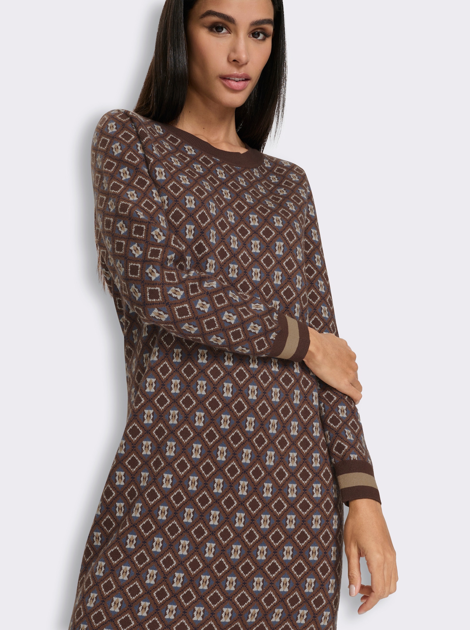 heine Strickkleid Mit Rauten-Dessin - schoko-rauchblau-gemustert