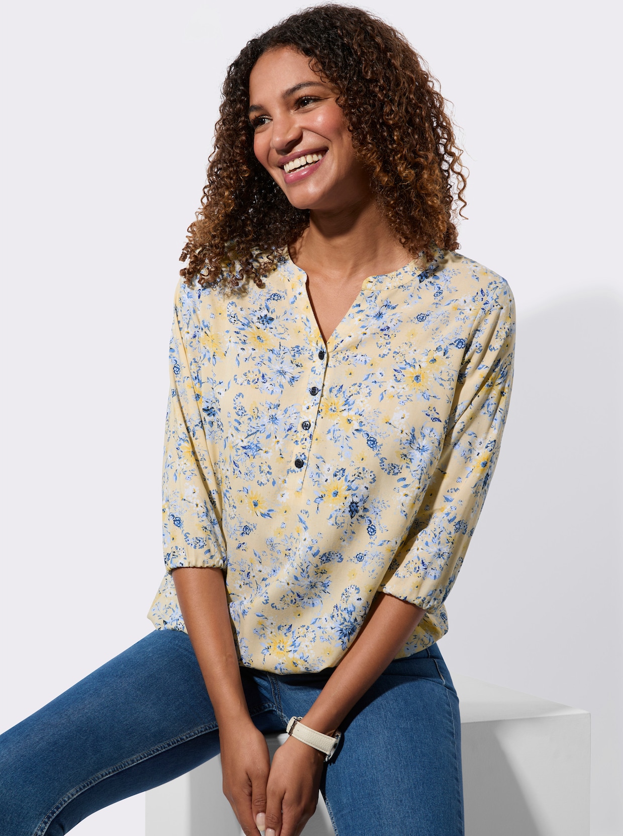 Druckbluse - vanille-rauchblau-bedruckt