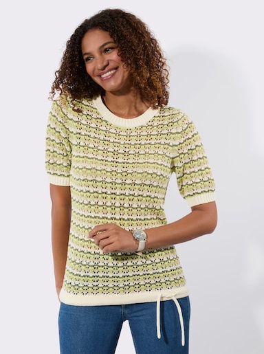 Ajourpullover mit Bindeband am Saum - lindgrün-champagner