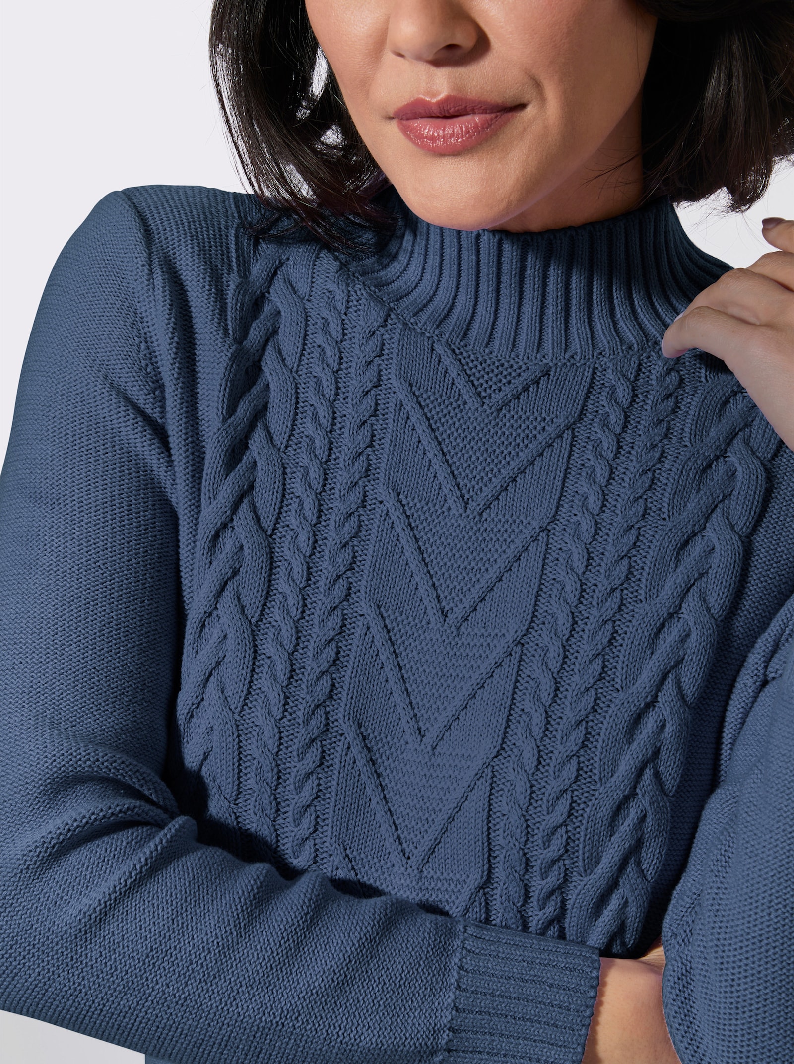 Longpullover mit Zopf-Struktur-Muster - jeansblau