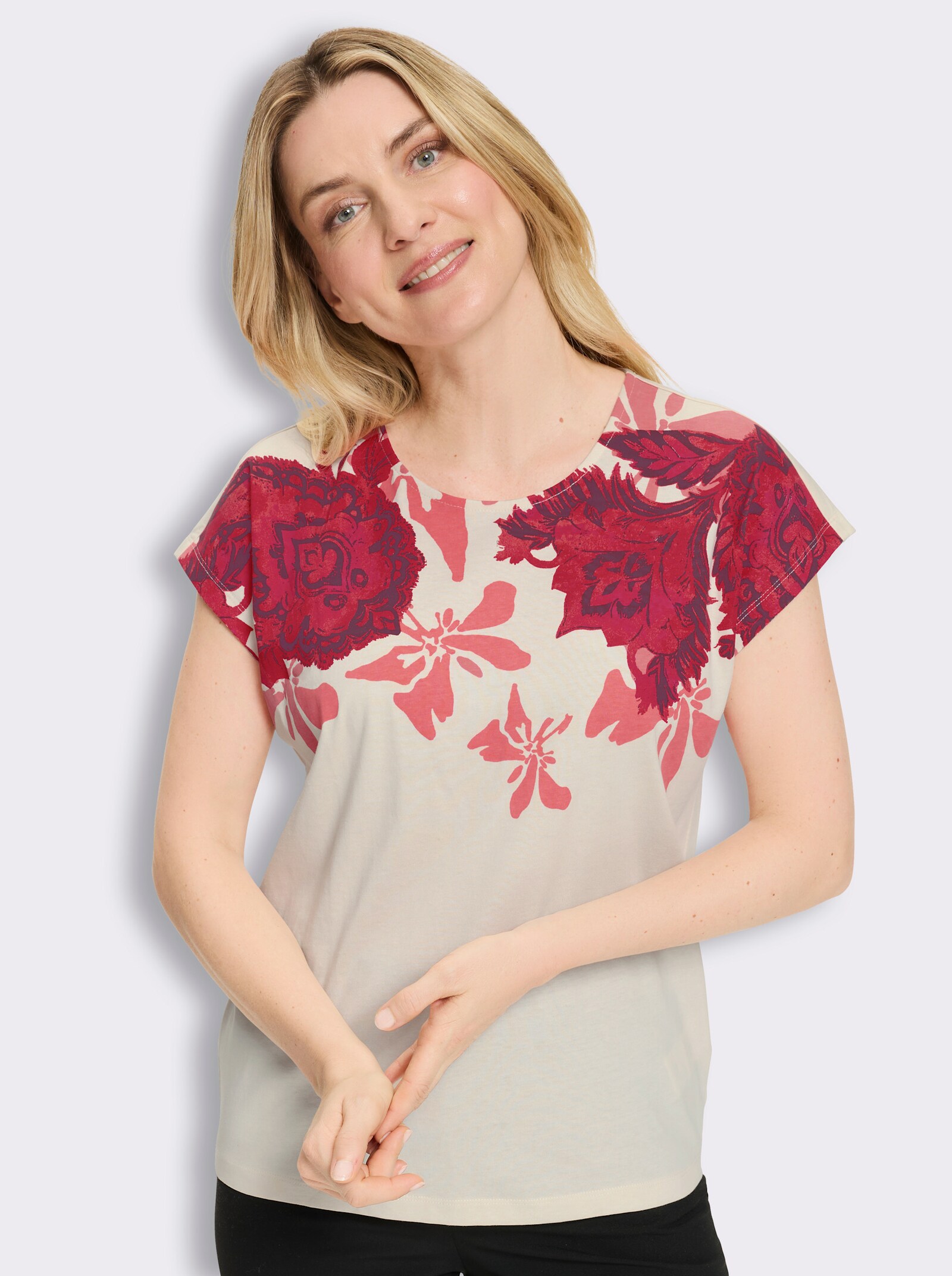 Rundhalsshirt mit Blüten-Print - champagner-grapefruit
