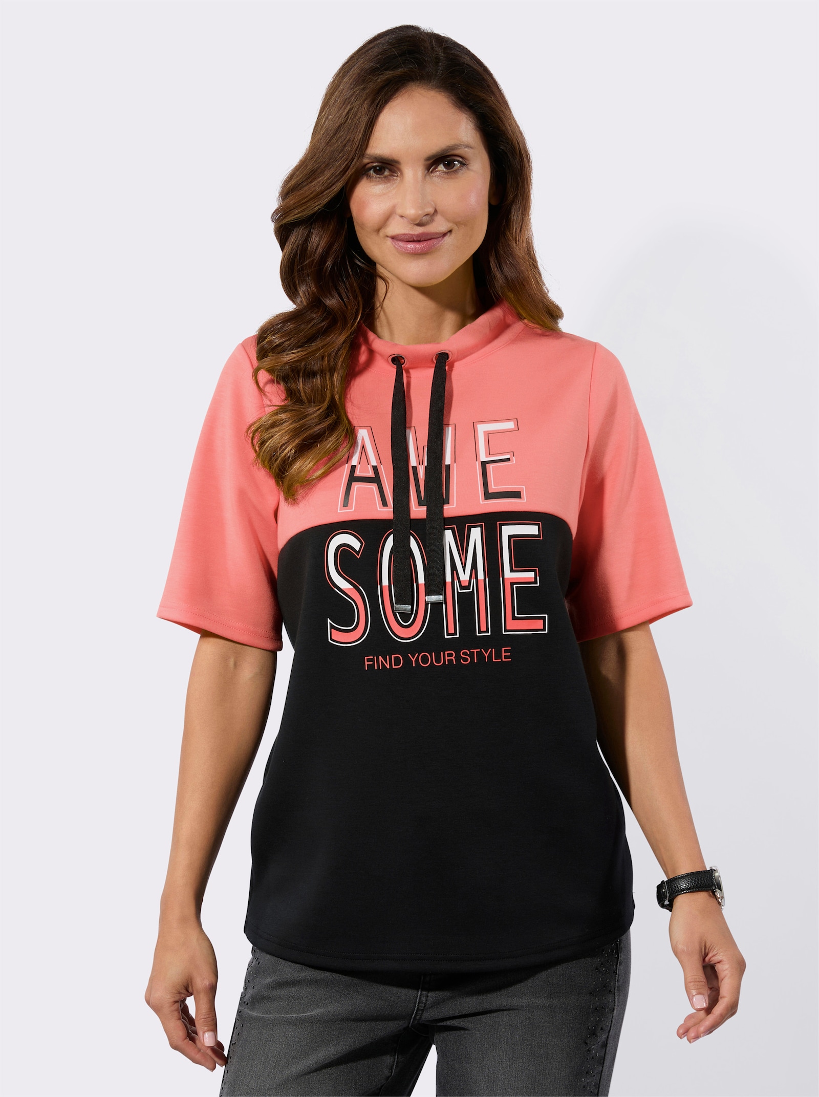 Stehkragenshirt mit Lettering-Druck - koralle-schwarz