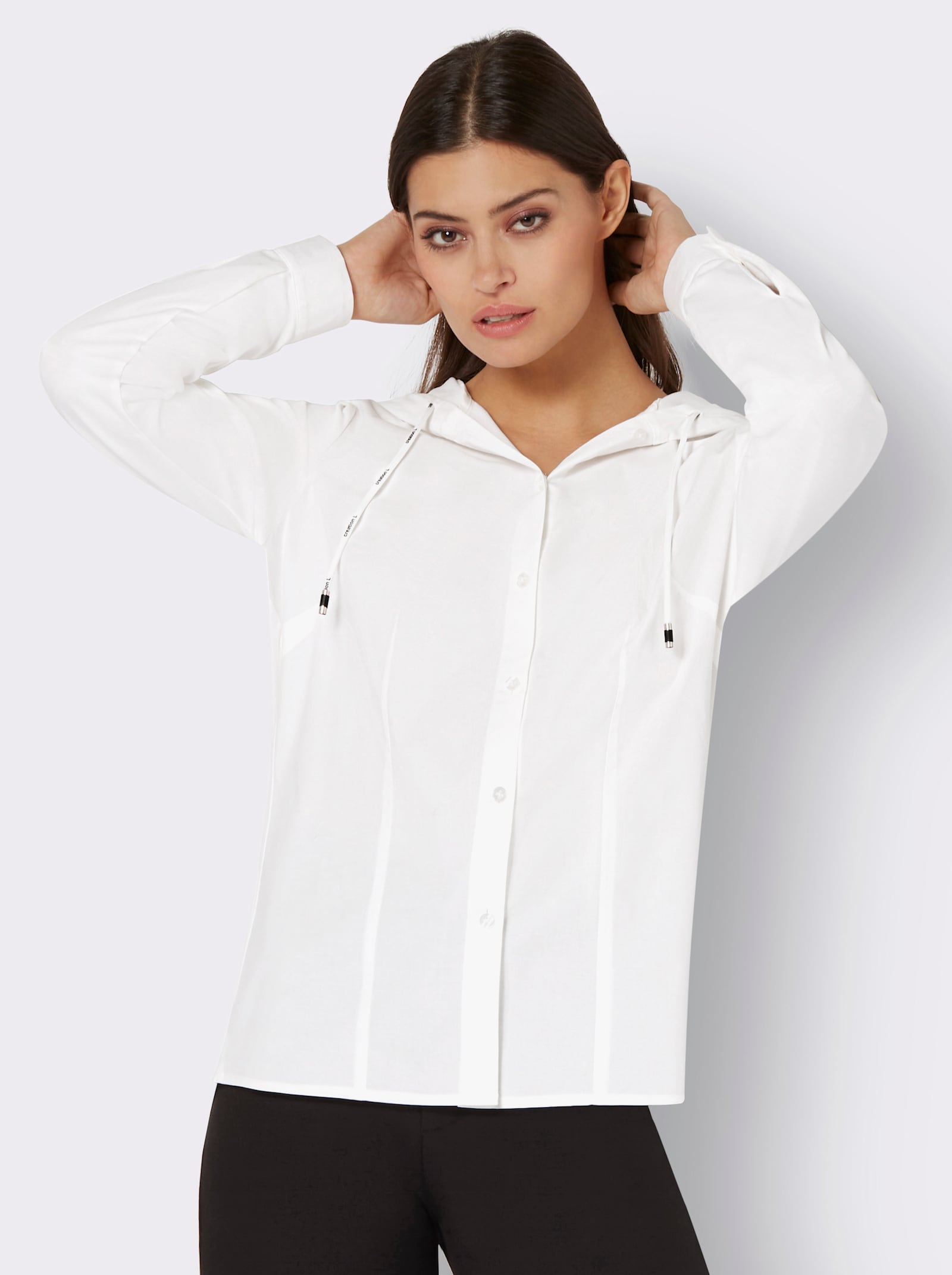 Langarmbluse mit Kapuze - ecru