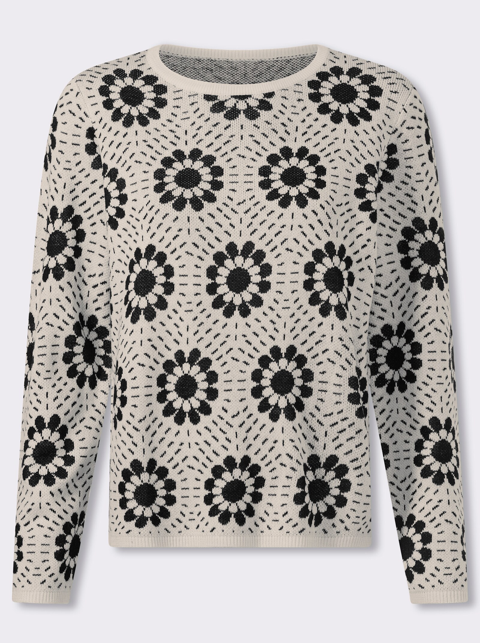 Jacquard-Pullover mit Blumen-Muster - champagner-schwarz-gemustert