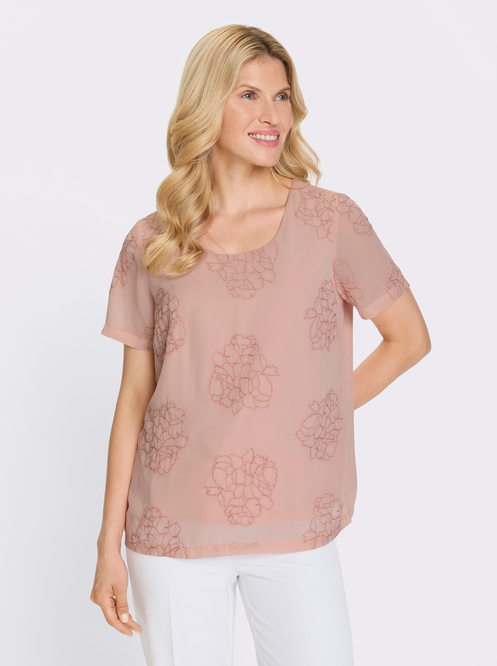 Blusenshirt mit Blüten-Applikationen - puder