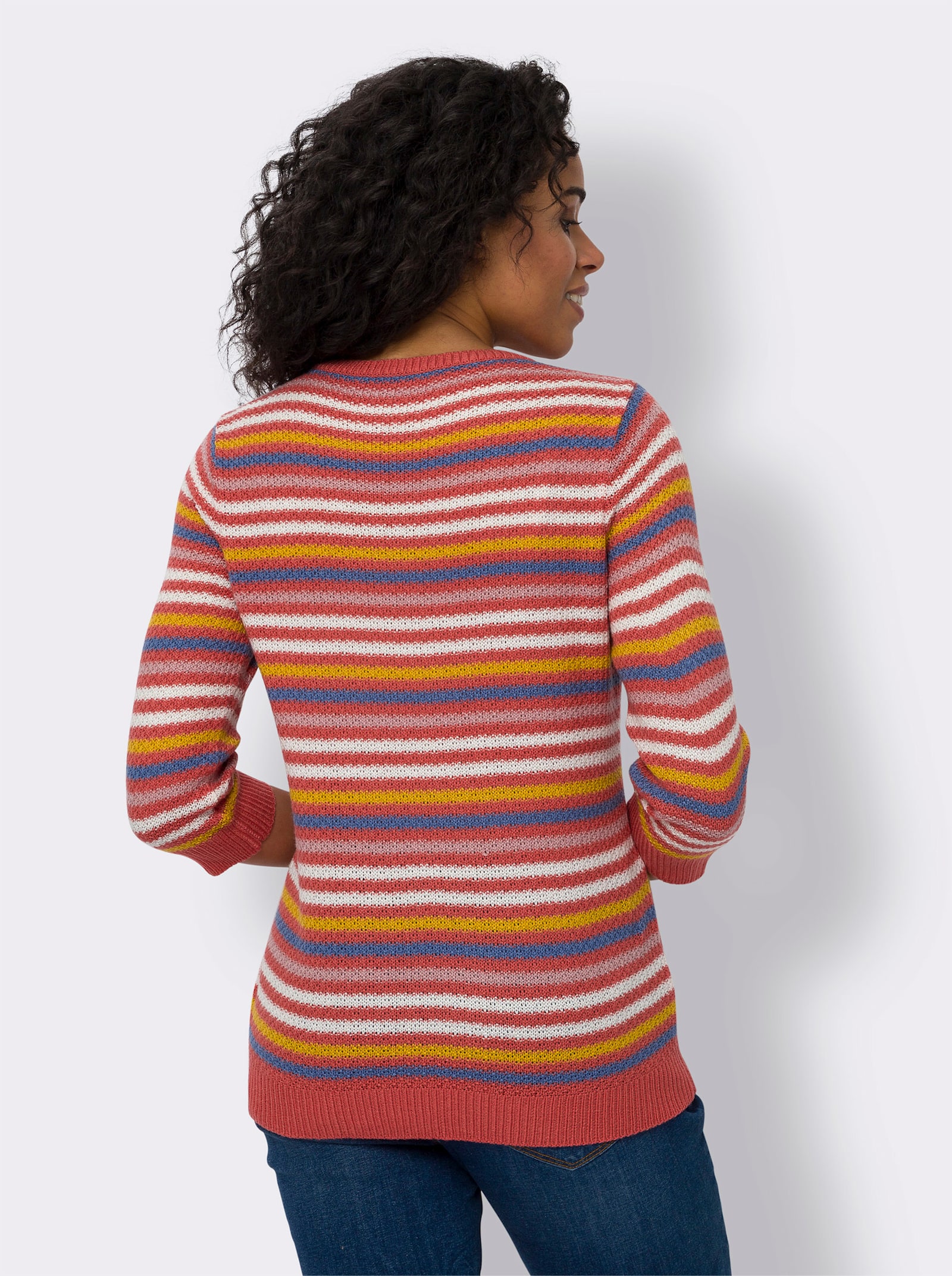 Pulóver, pruhy, ažúrové prvky - grapefruitovo-svetlobéžová pásikovaná