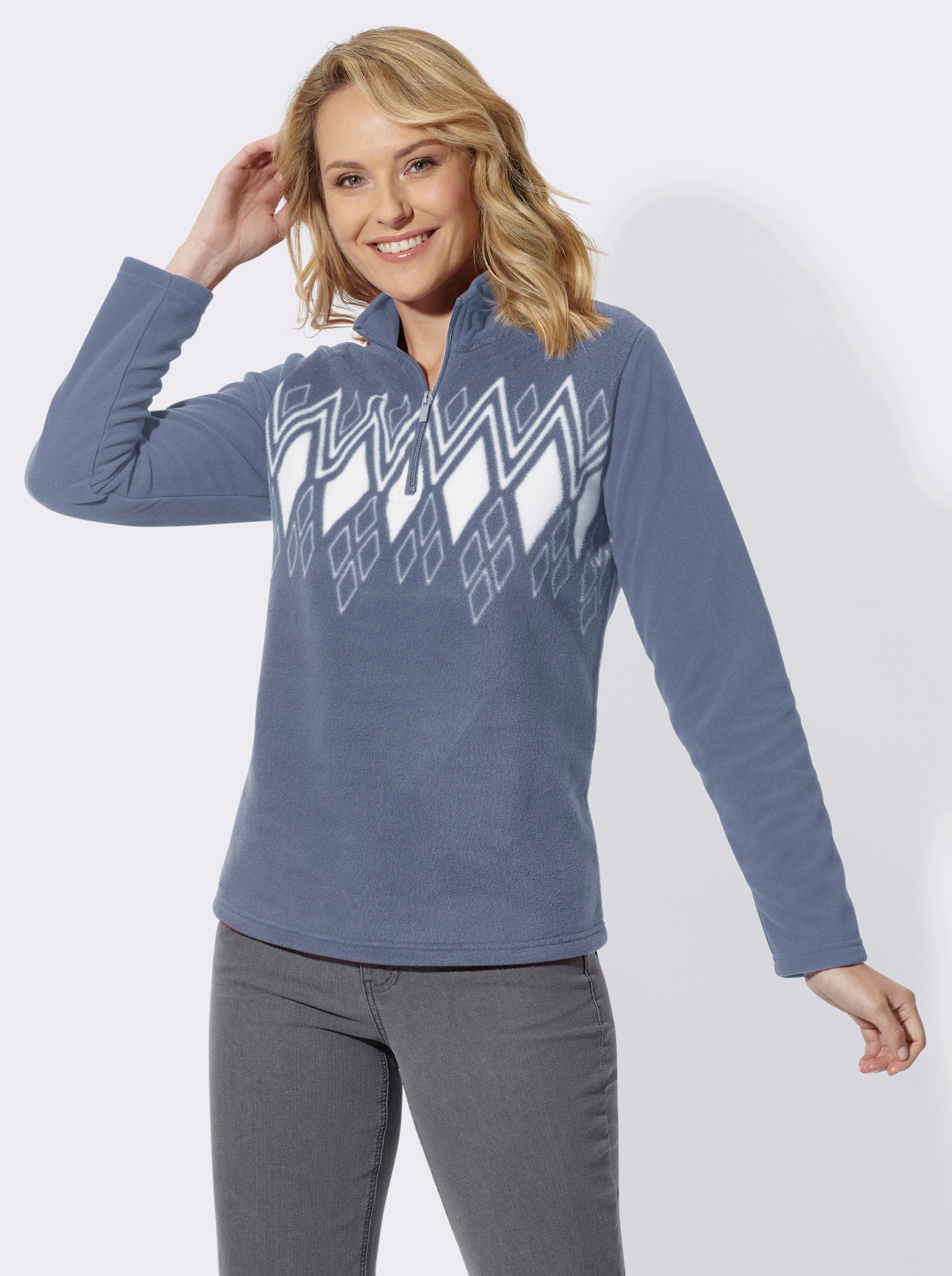 Fleeceshirt mit Norwegermuster - taubenblau-ecru