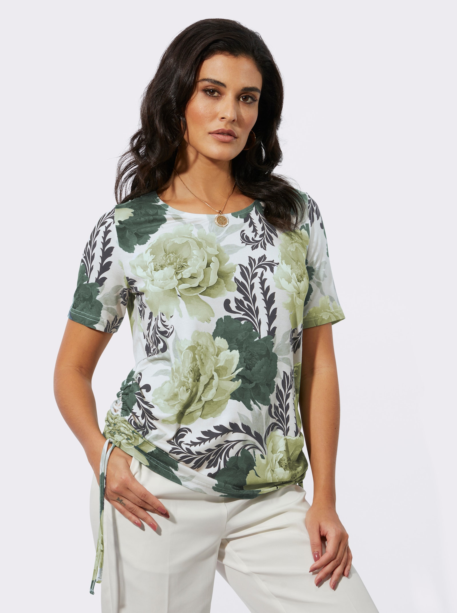  Print-Shirt mit seitlicher Raffung - champagner-lindgrün-bedruckt