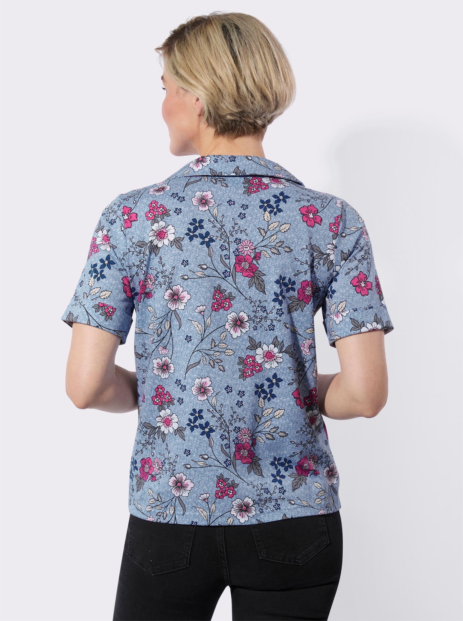 Polokošile s květinovým potiskem - modrá-fuchsiová-potisk