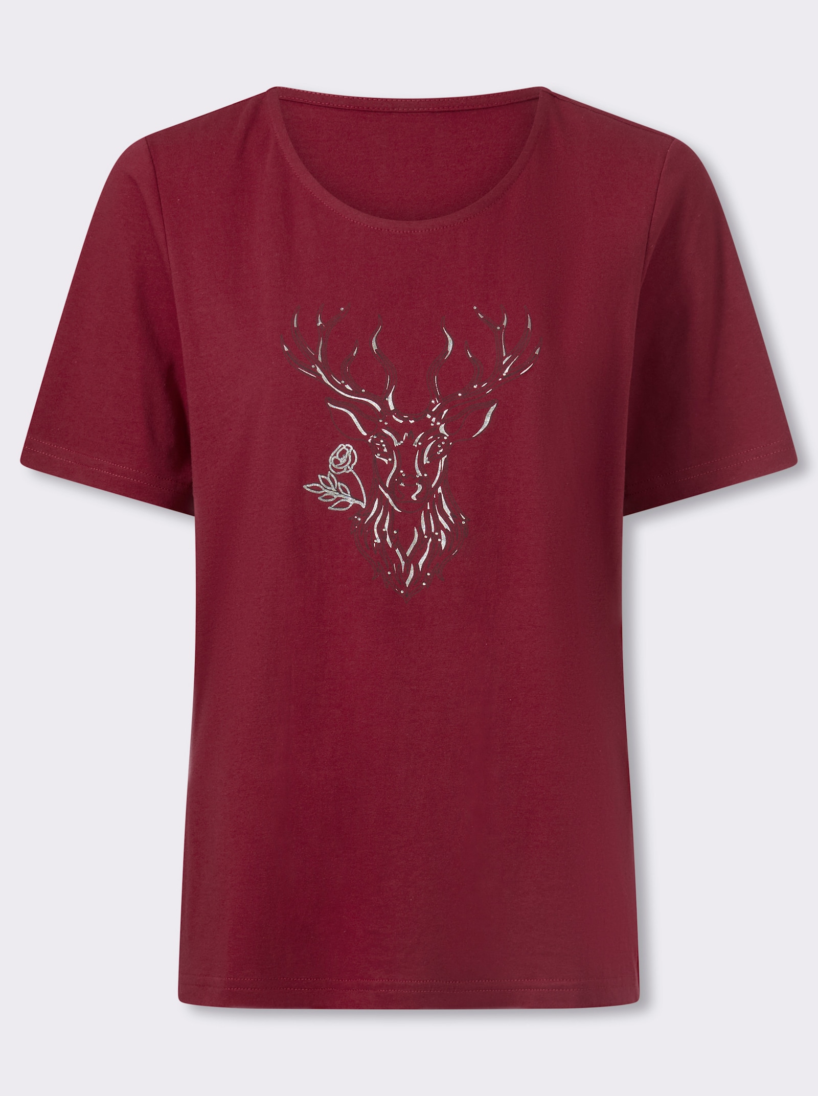 Kurzarmshirt mit Hirsch-Motiv - kirsche-graphit