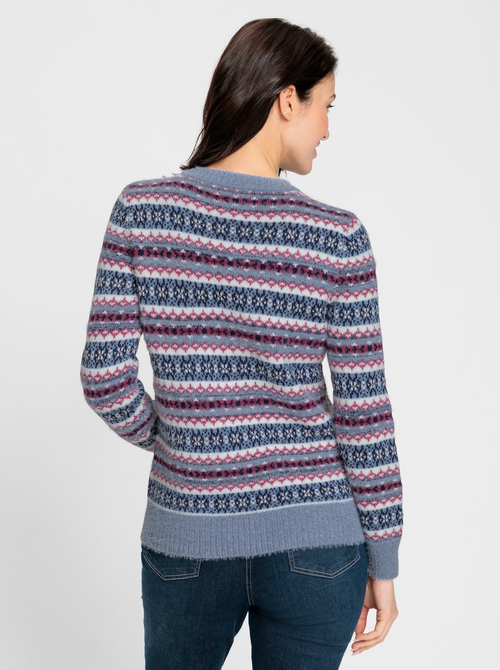 Jacquardpullover mit Merino Anteil - taubenblau-erika-gemustert