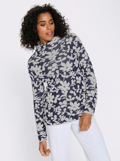 Stehkragenpullover mit Effektgarn - marine-ecru-gemustert