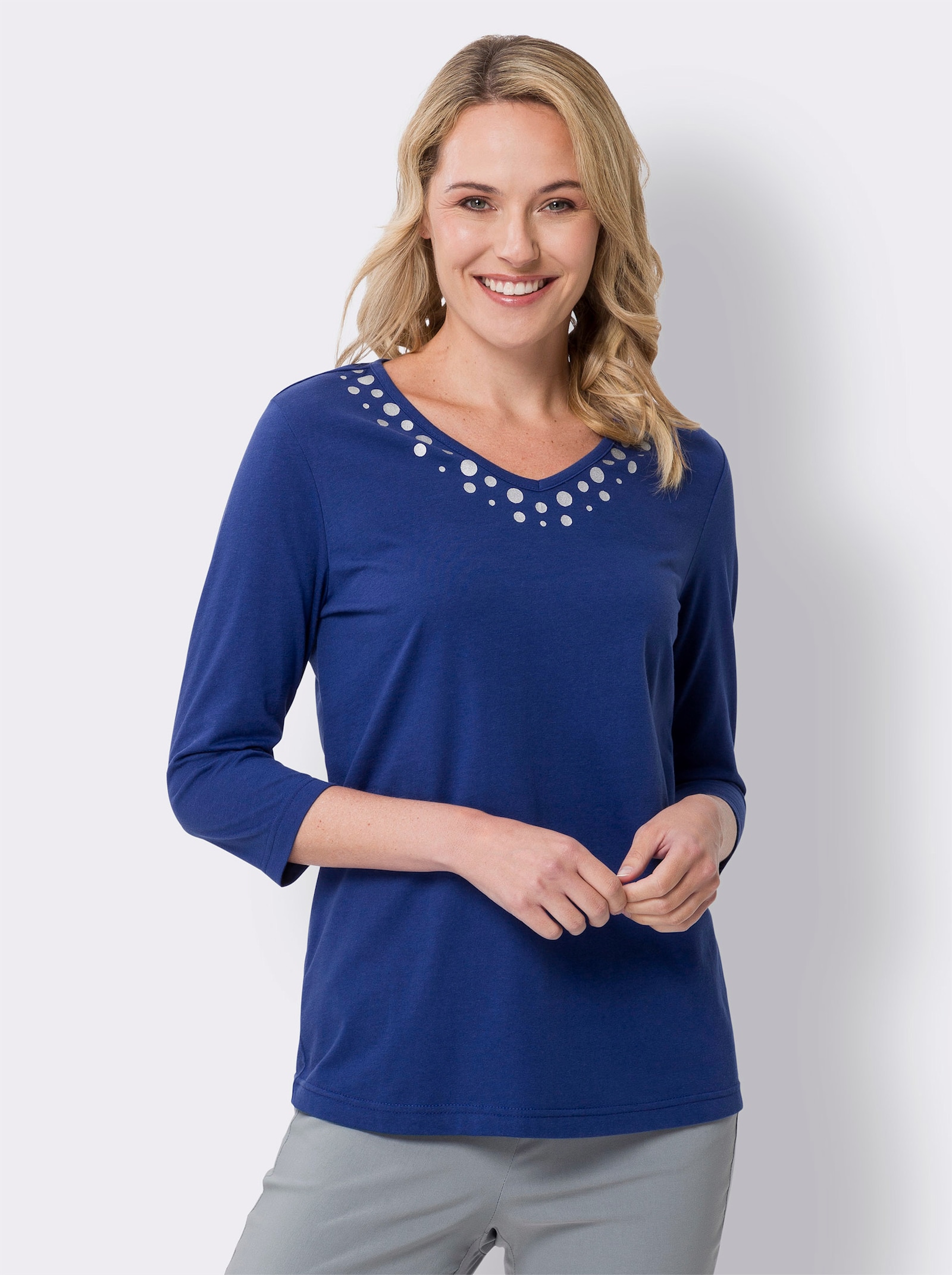 3/4-Arm-Shirt mit silberfarbenem Folien-Print - royalblau