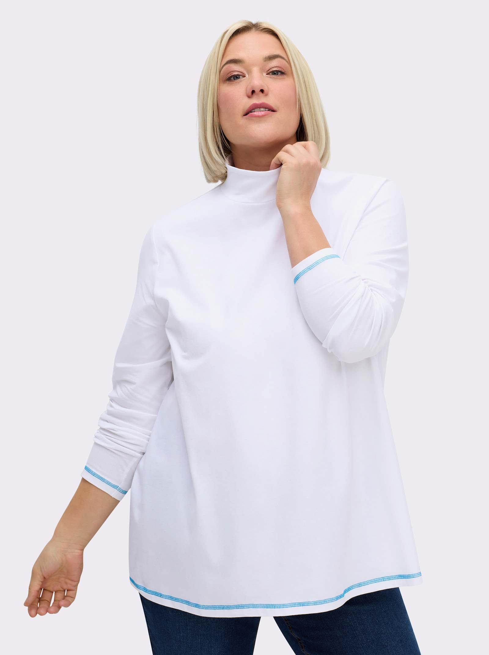 sheego Colshirt in A-lijn met flatlock-naden - ecru/topaas