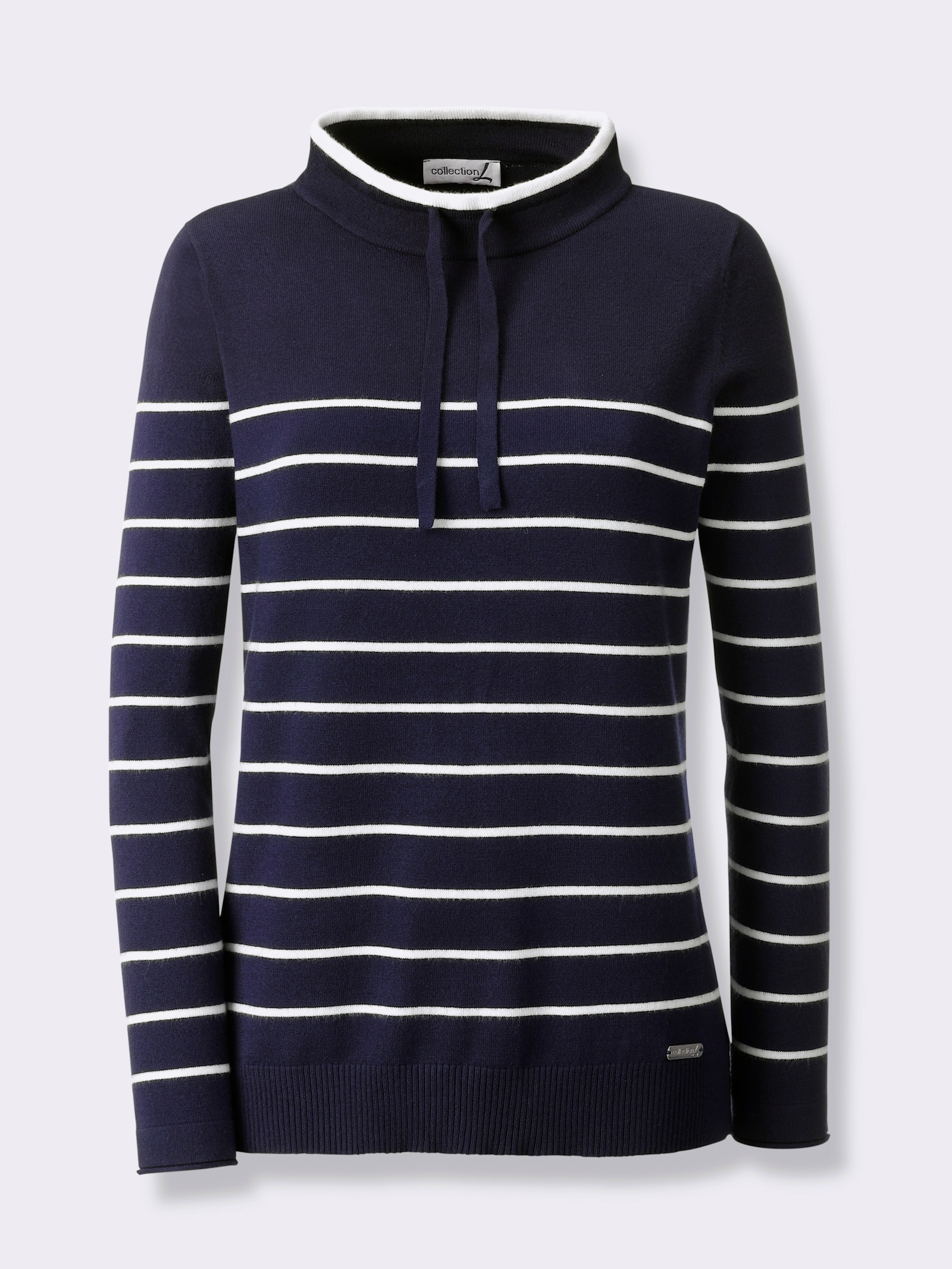 Stehkragenpullover mit sportiven Details - marine-ecru-geringelt