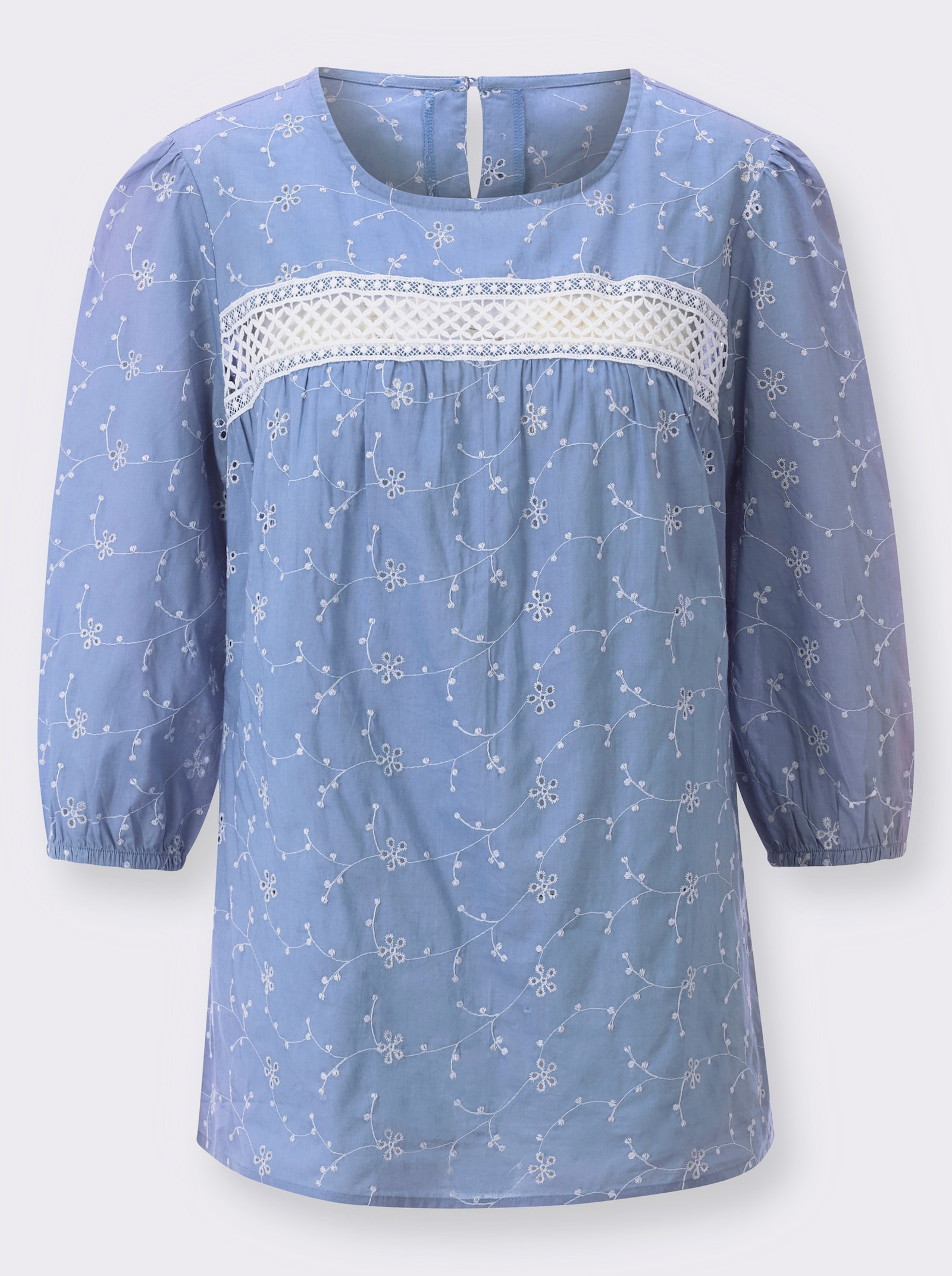 Schlupfbluse mit Spitze und Lochstickerei - bleu
