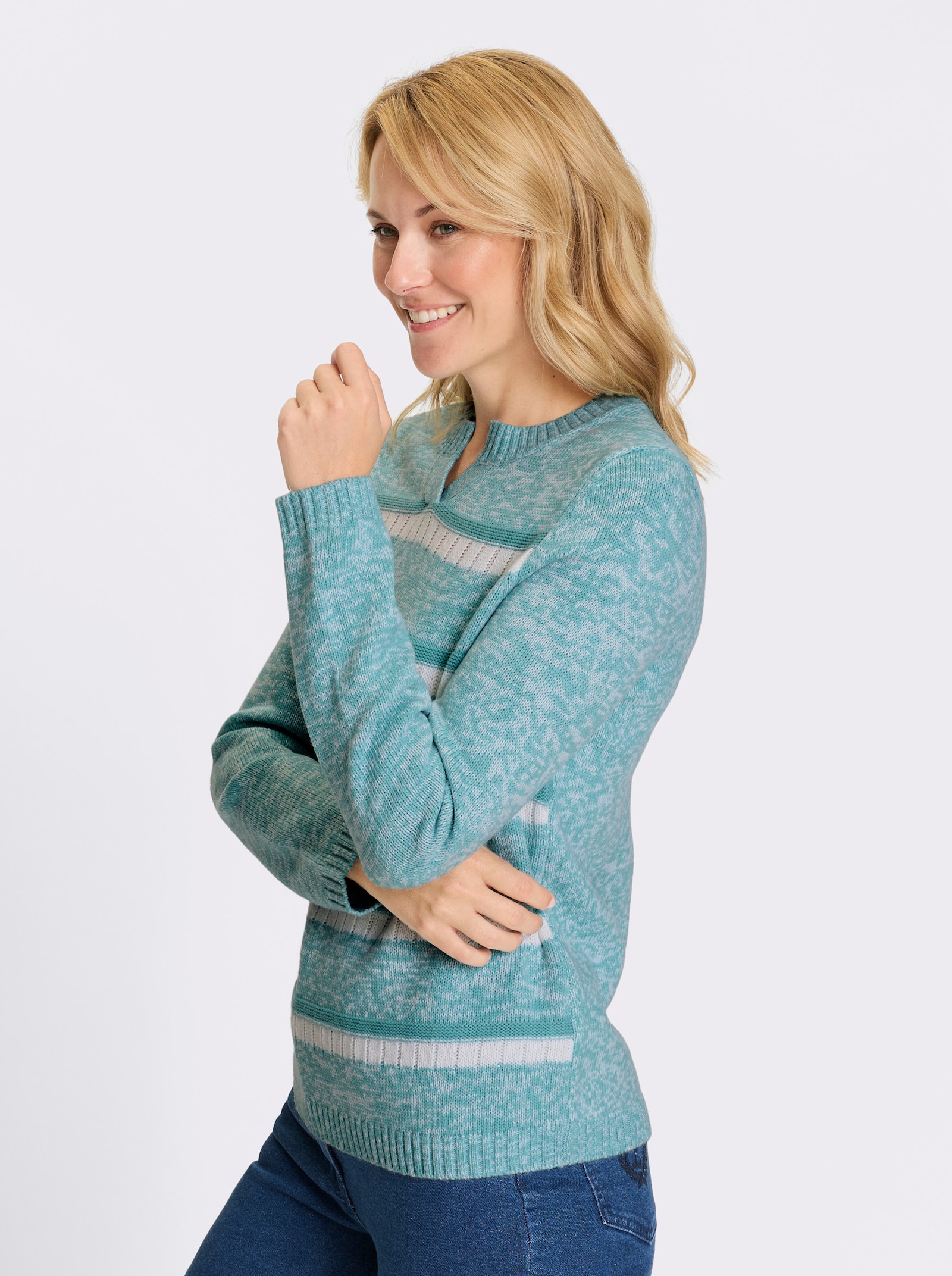 Svetr s dlouhým rukávem a proužkovaným vzorem - mořská-bílá-vzor