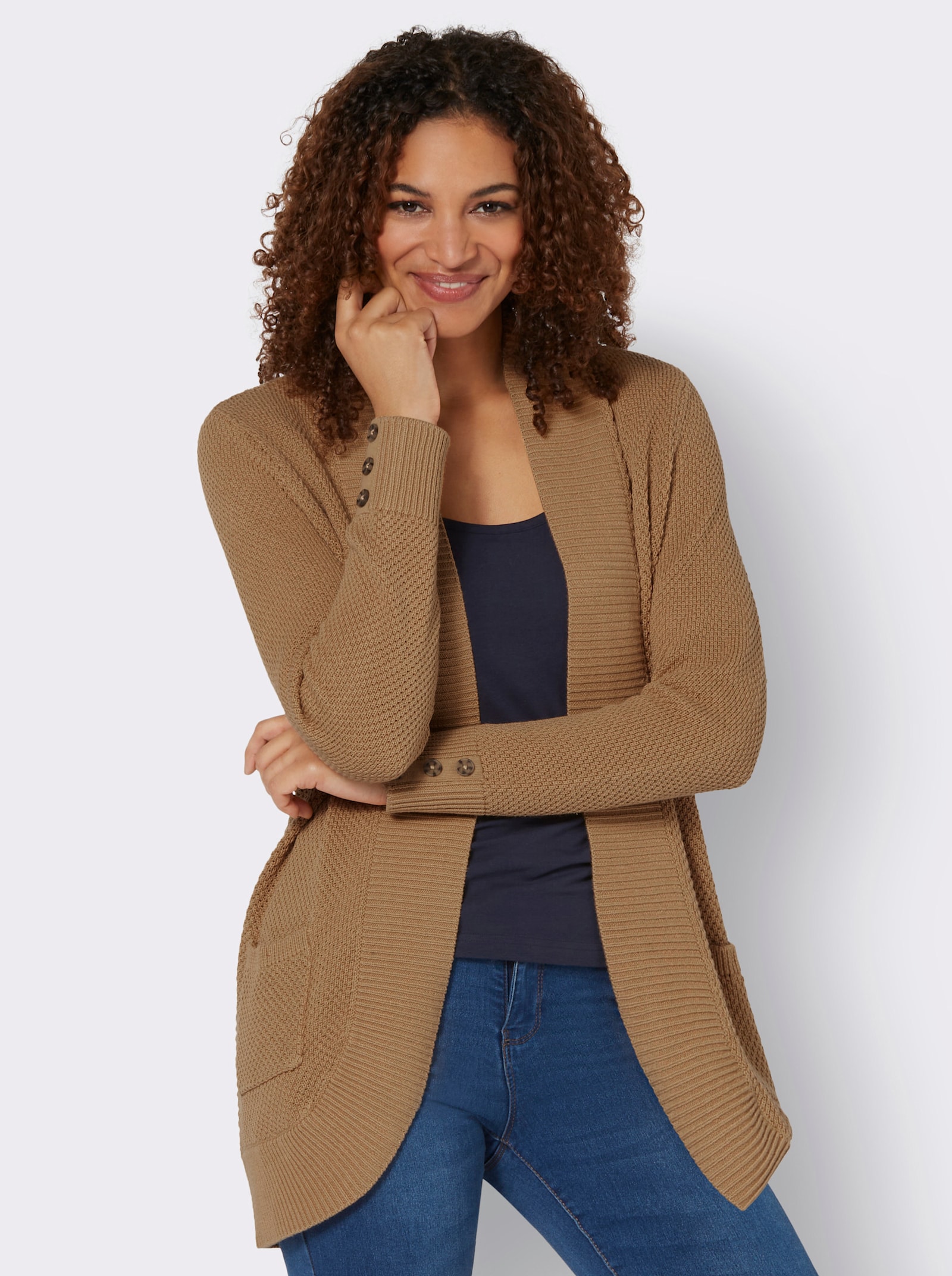 Longstrickjacke mit Struktur-Muster - camel