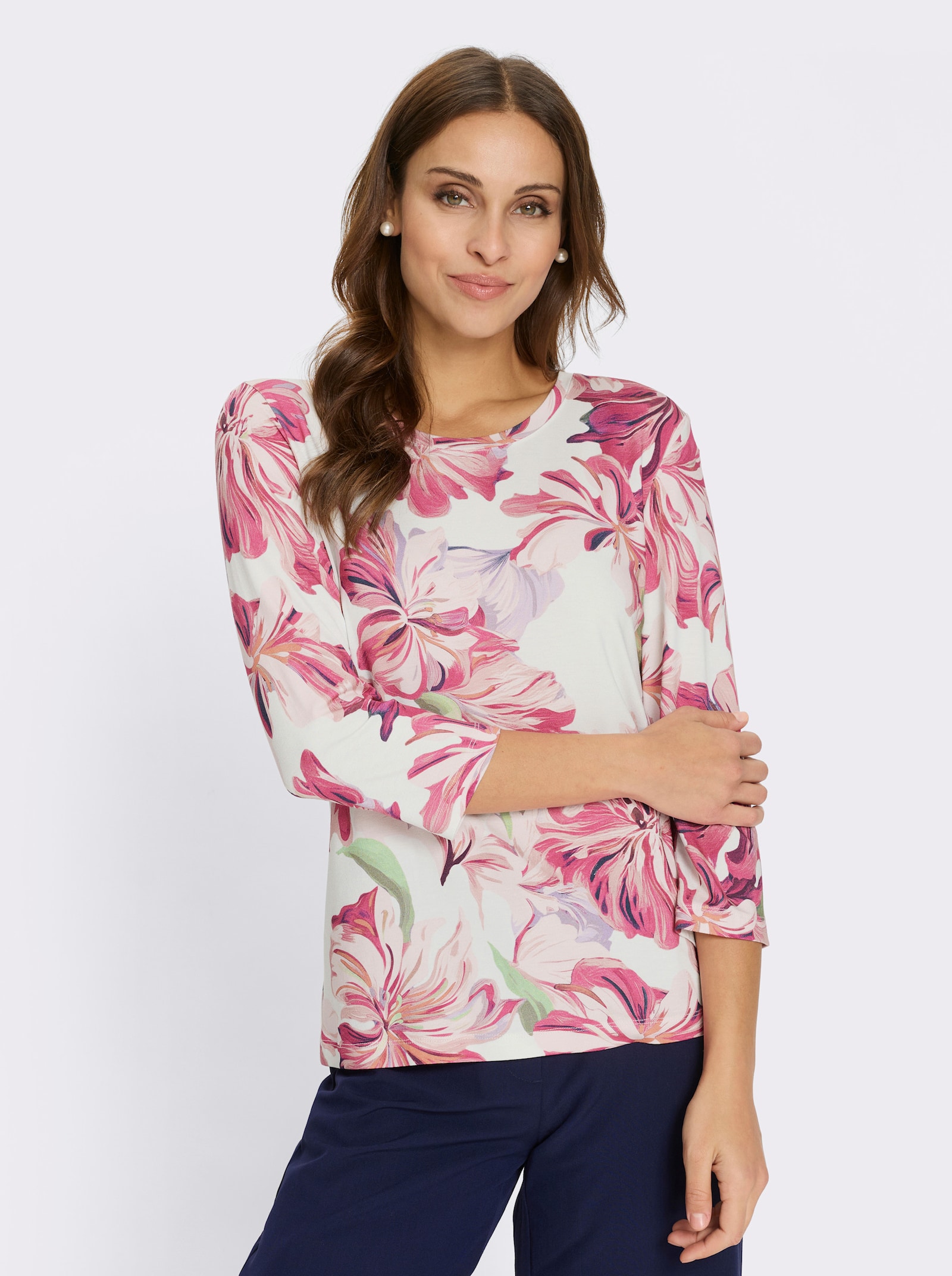 Print-Shirt mit 3/4-Ärmeln - ecru-magenta-bedruckt