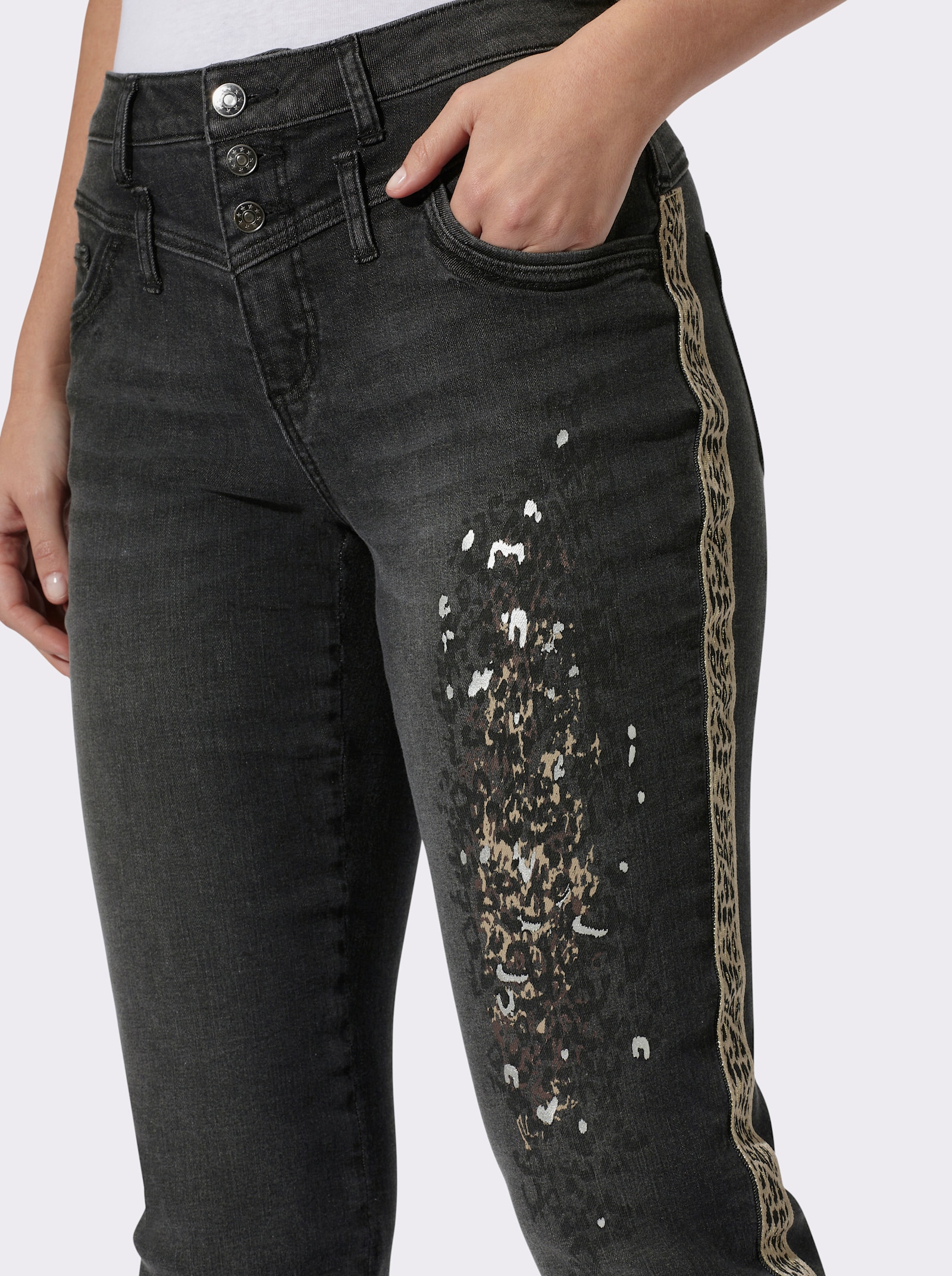 heine 5-Pocket-Jeans mit Animal-Dessin-Elementen - graphit denim