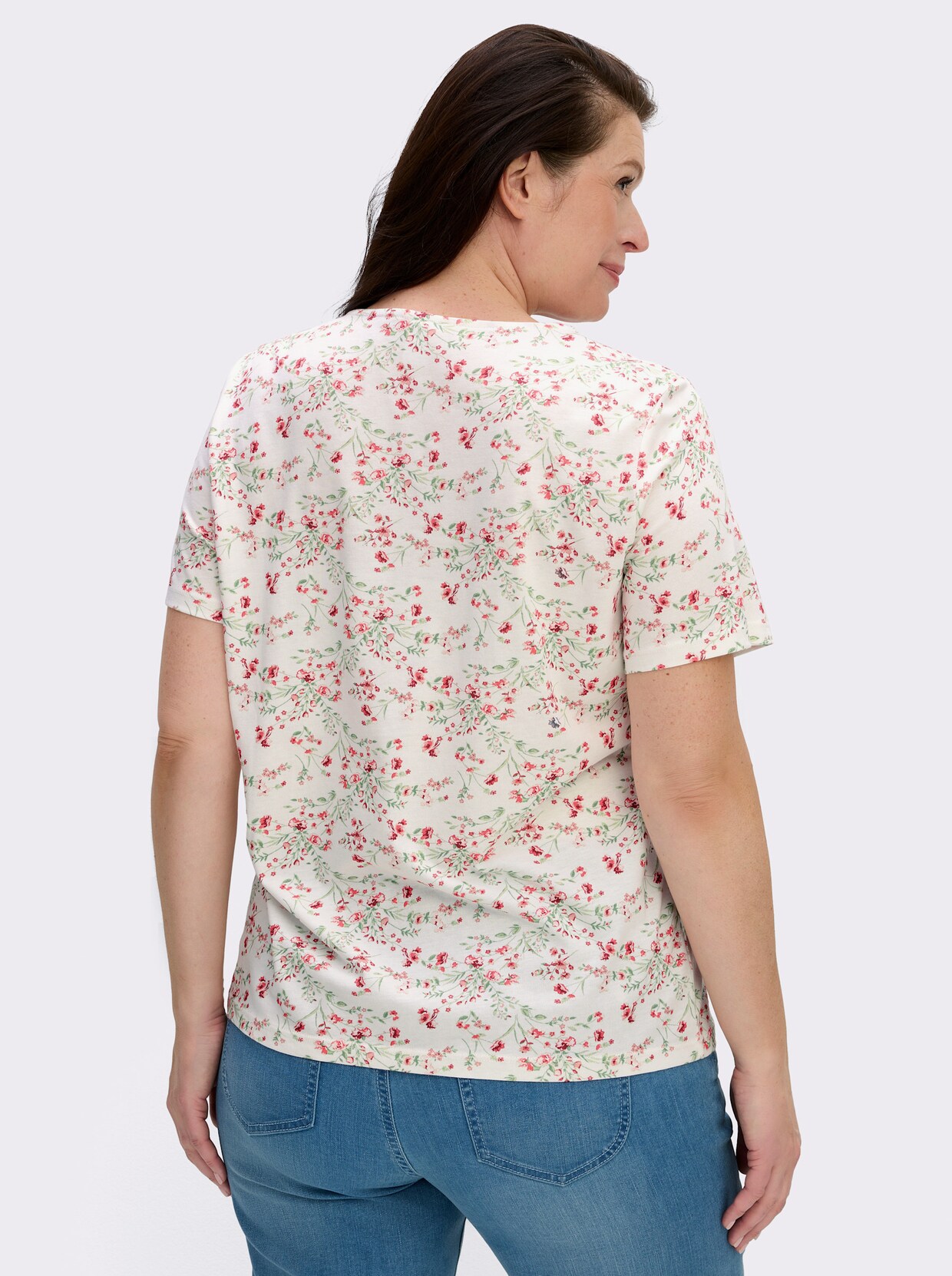 Kurzarmshirt mit Reissverschluss am Ausschnitt - ecru-hellrosé-gemustert