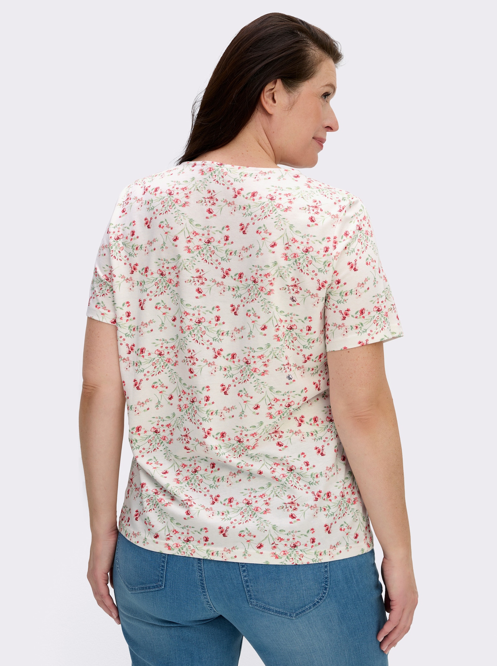 Kurzarmshirt mit Reißverschluss am Ausschnitt - ecru-hellrosé-gemustert