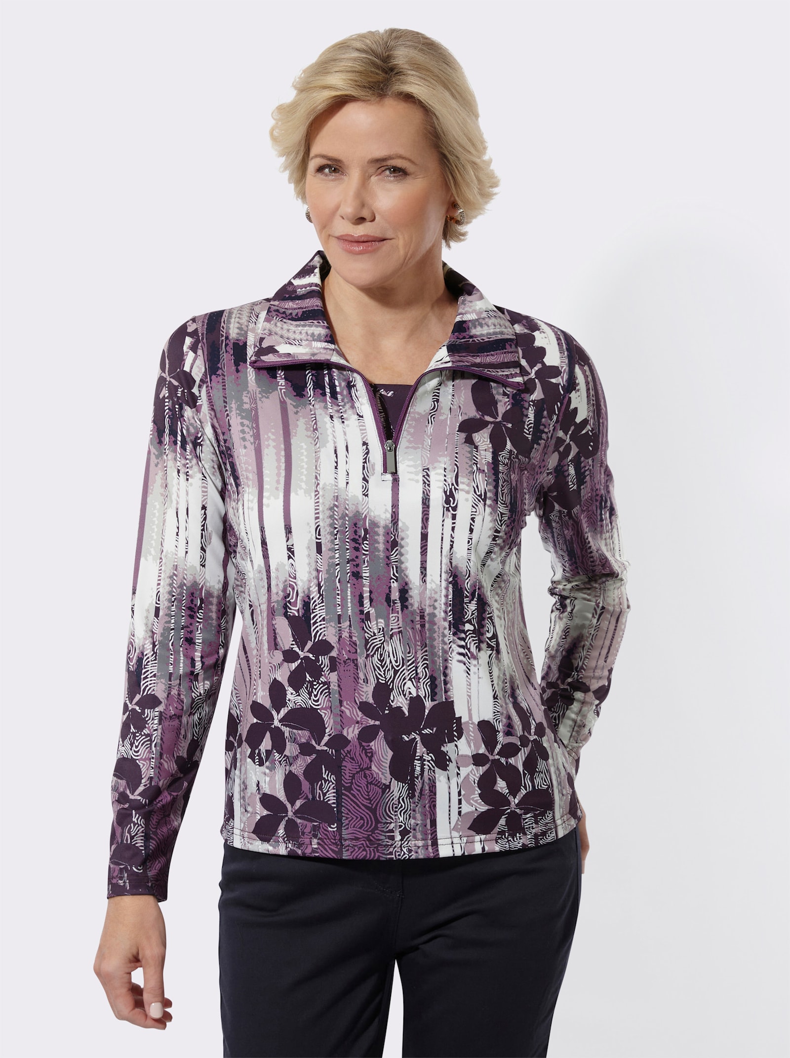 Poloshirt in 2-in-1-Optik - marine-mauve-bedruckt