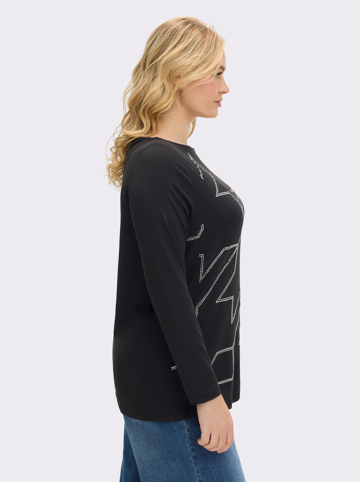 Langarmshirt im Hahnentritt-Dessin - schwarz