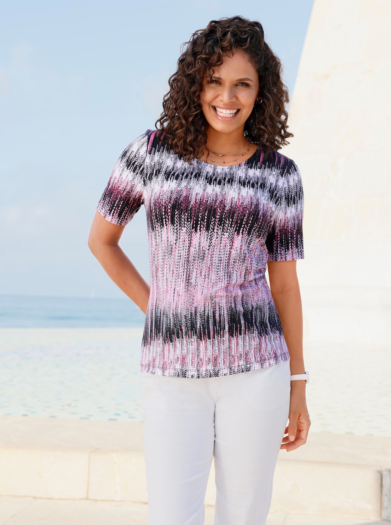 Kurzarmshirt mit hochwertiger Viskose, bedruckt - rosé-grau-bedruckt