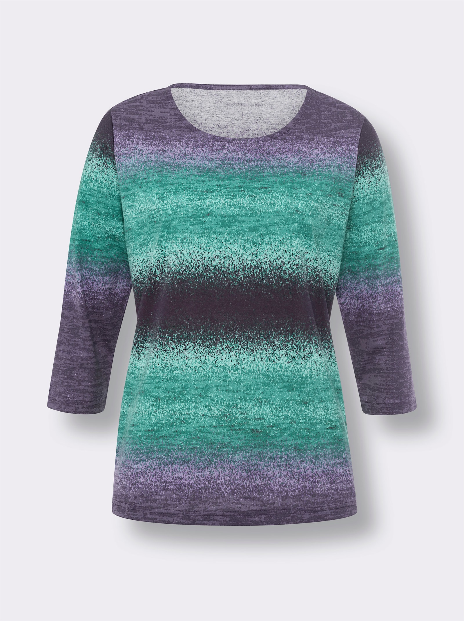 Tričko s 3/4 rukávem a odstupňováním barev - modrozel.-fíková-potisk