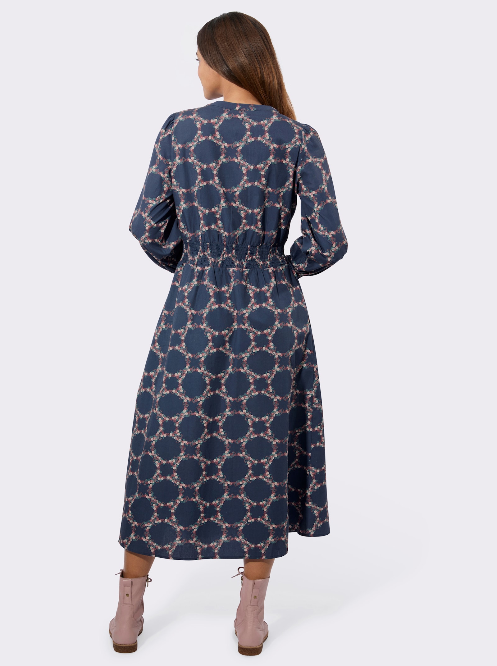 Baumwollkleid mit Smok-Details - rauchblau-rosenholz-bedruckt