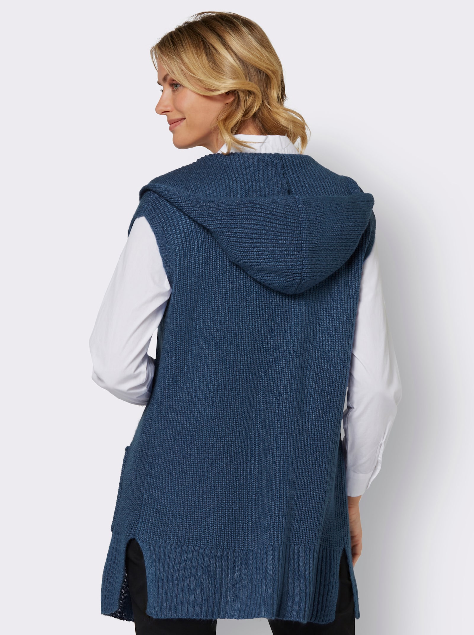 Strickweste mit Kapuze, Ripp-Optik - jeansblau