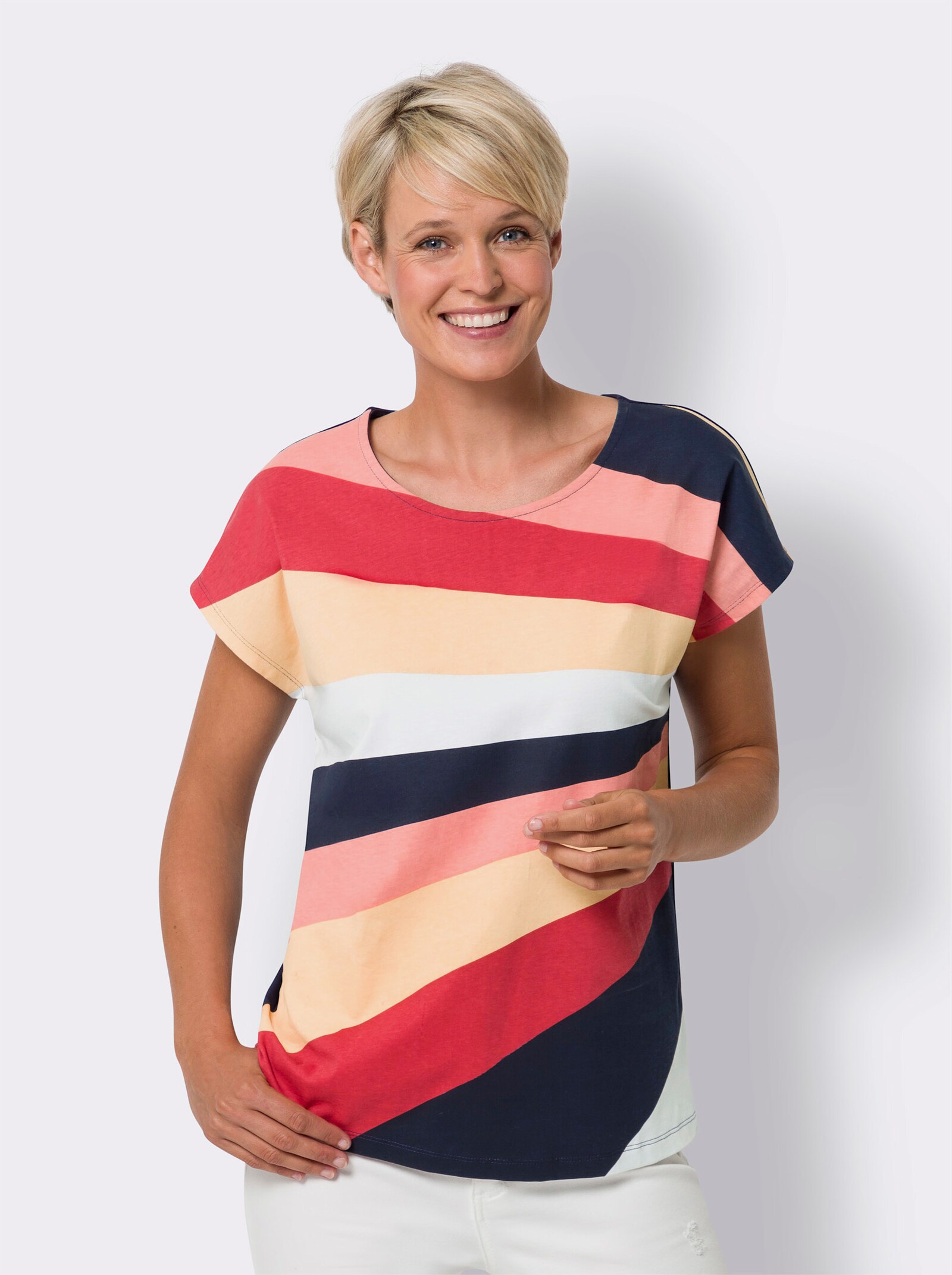 Tričko s kulatým výstřihem a proužkovaným potiskem - námořnická-korálová-potisk