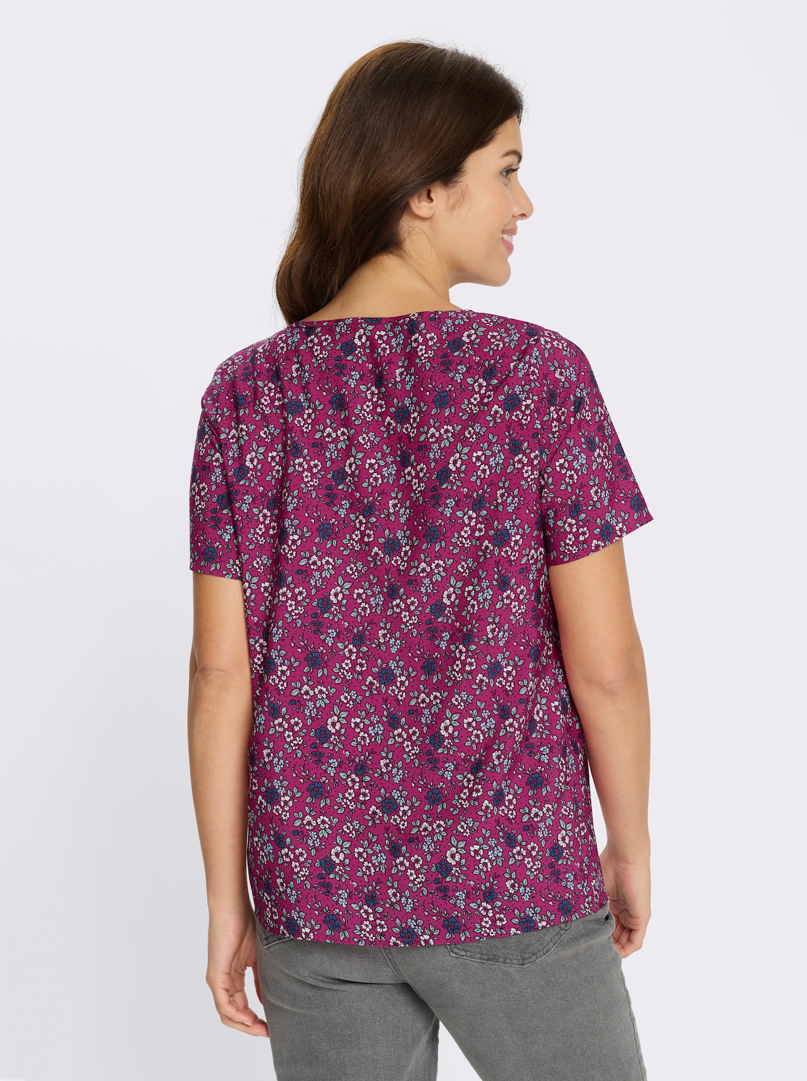 Schlupfbluse mit Millefleurs - fuchsia-jeansblau-bedruckt
