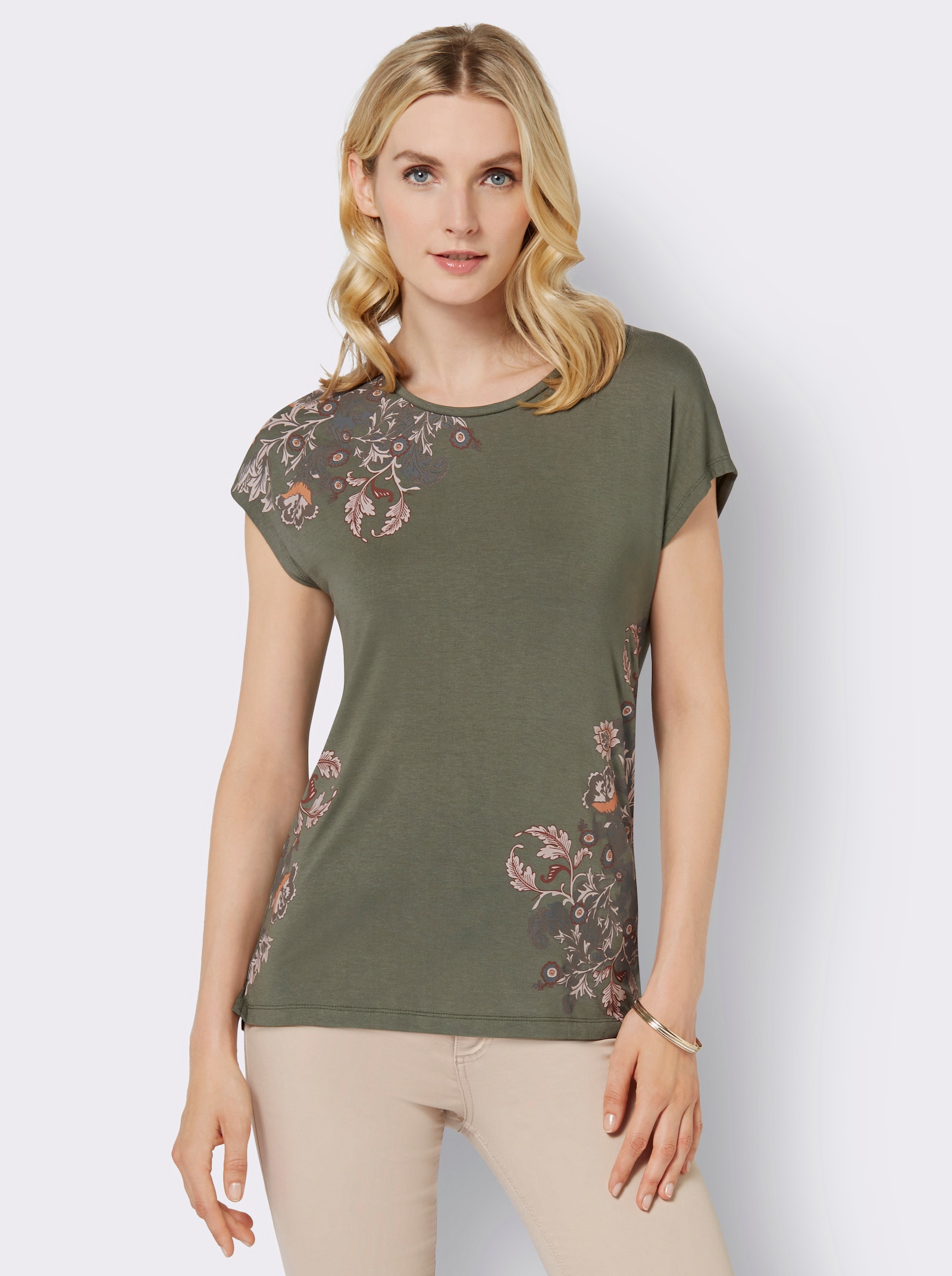 Rundhalsshirt mit Seitenschlitzen - khaki-papaya-bedruckt