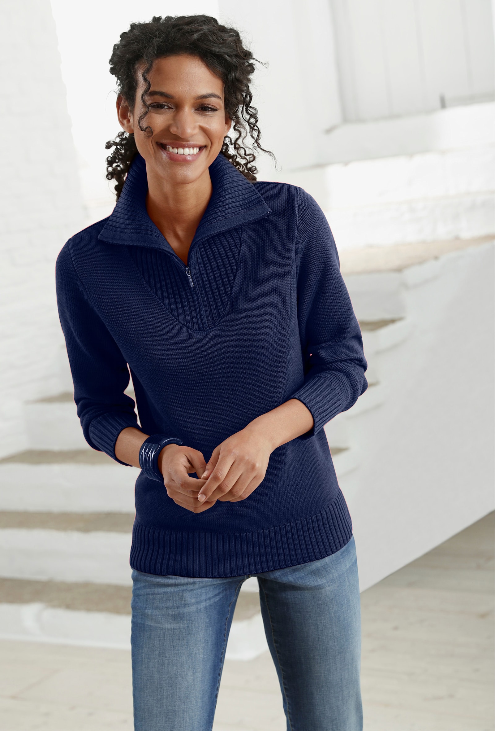 Troyer mit breiten Rippabschlüssen - marine