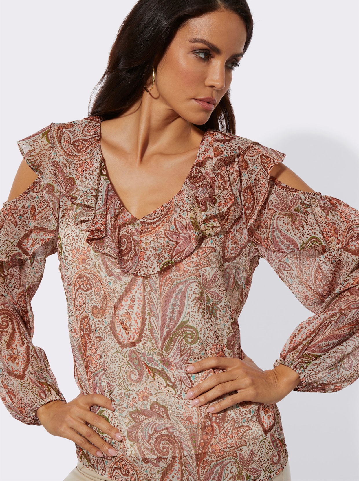 Chiffonbluse mit goldfarbigen Glanzfäden - ecru-papaya-bedruckt