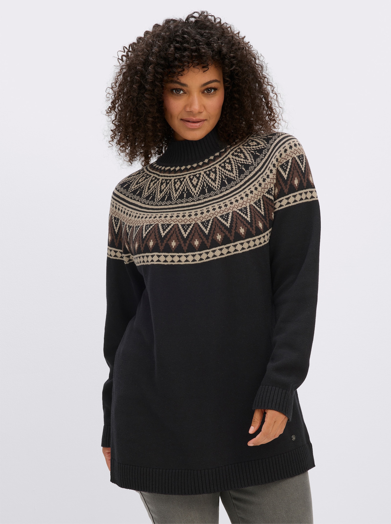 sheego Jacquardpullover im Norweger-Stil - schwarz-beige-gemustert