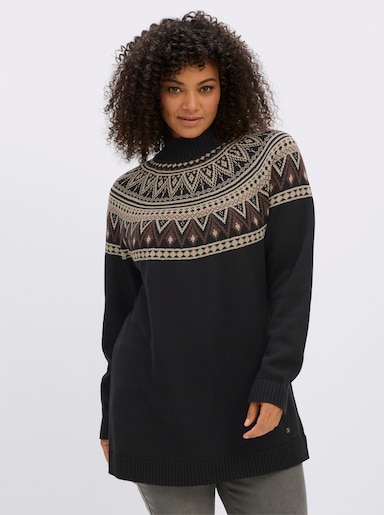 sheego Jacquardpullover im Norweger-Stil - schwarz-beige-gemustert