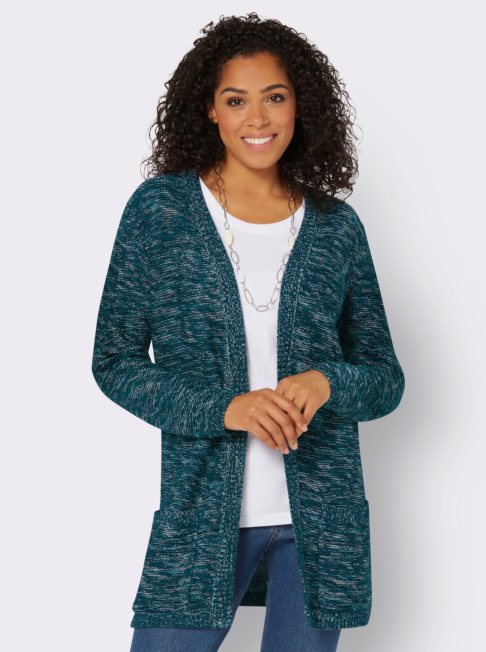 Strickjacke in Longform, meliert - petrol-meliert