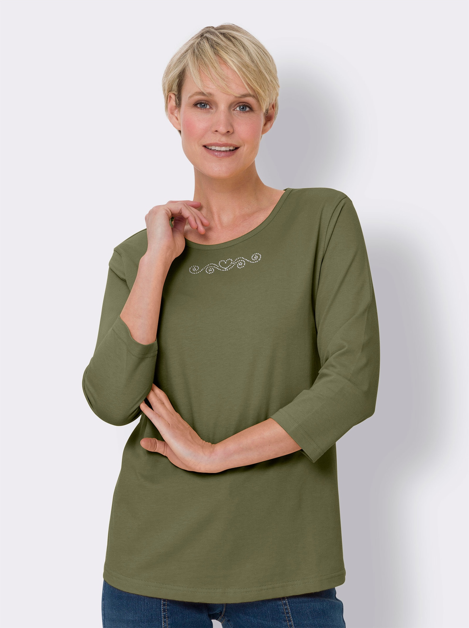 3/4-Arm-Shirt mit Ziersteinchen - oliv