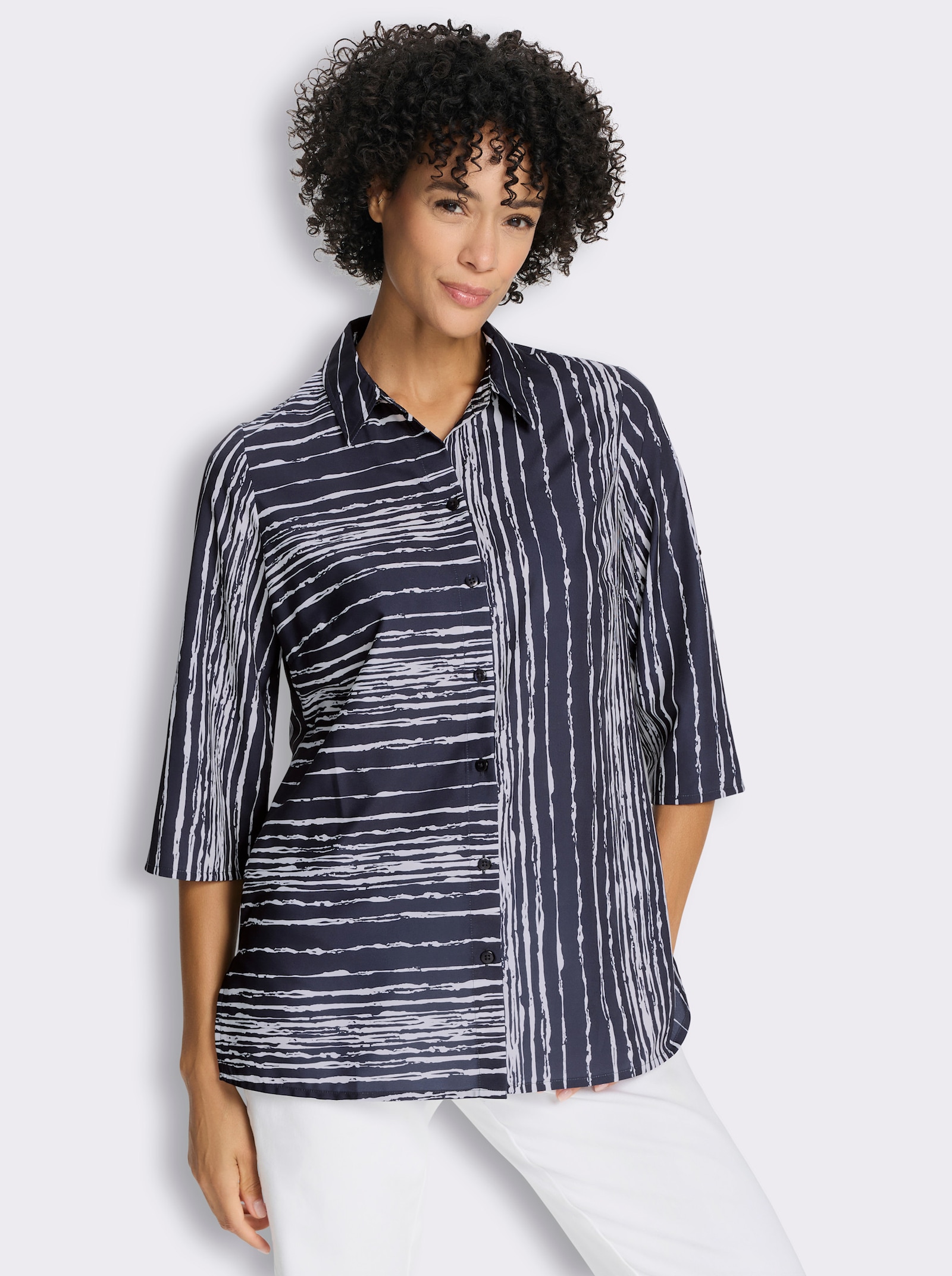Longbluse mit Seitenschlitzen - marine-ecru-bedruckt