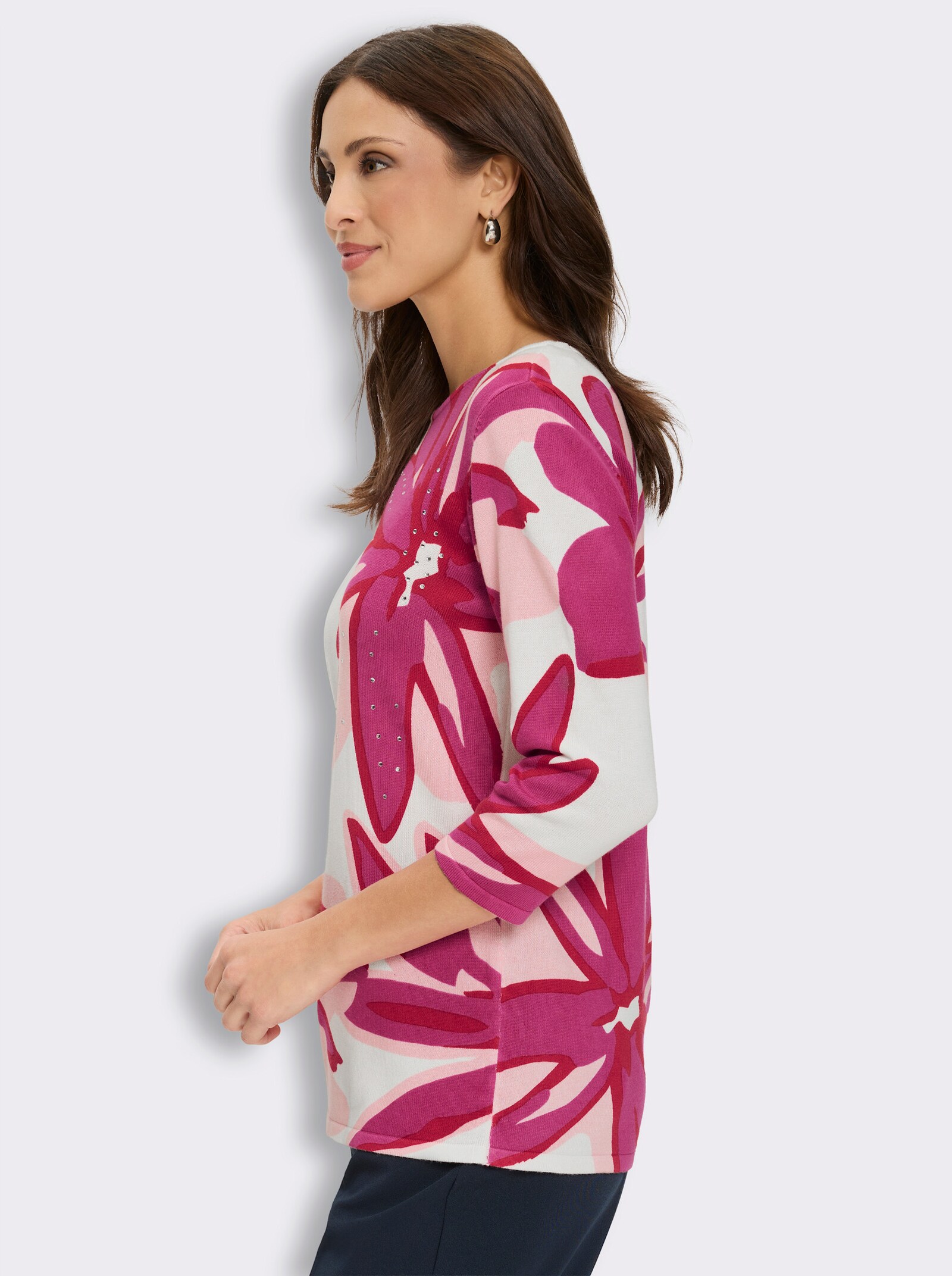 3/4-Arm-Pullover mit Glitzersteinchen - weiß-fuchsia-bedruckt