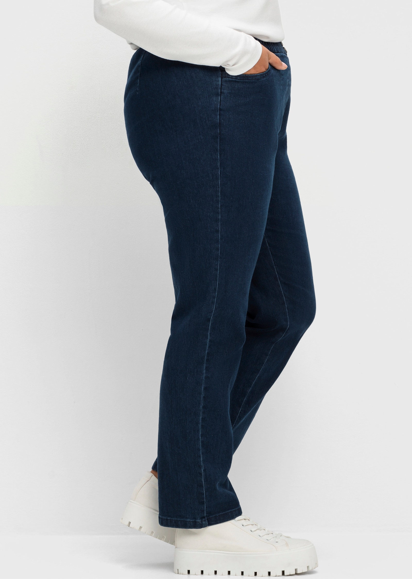 Schlupfjeans mit imitierter Reißverschluss-Blende - blue-stone-washed